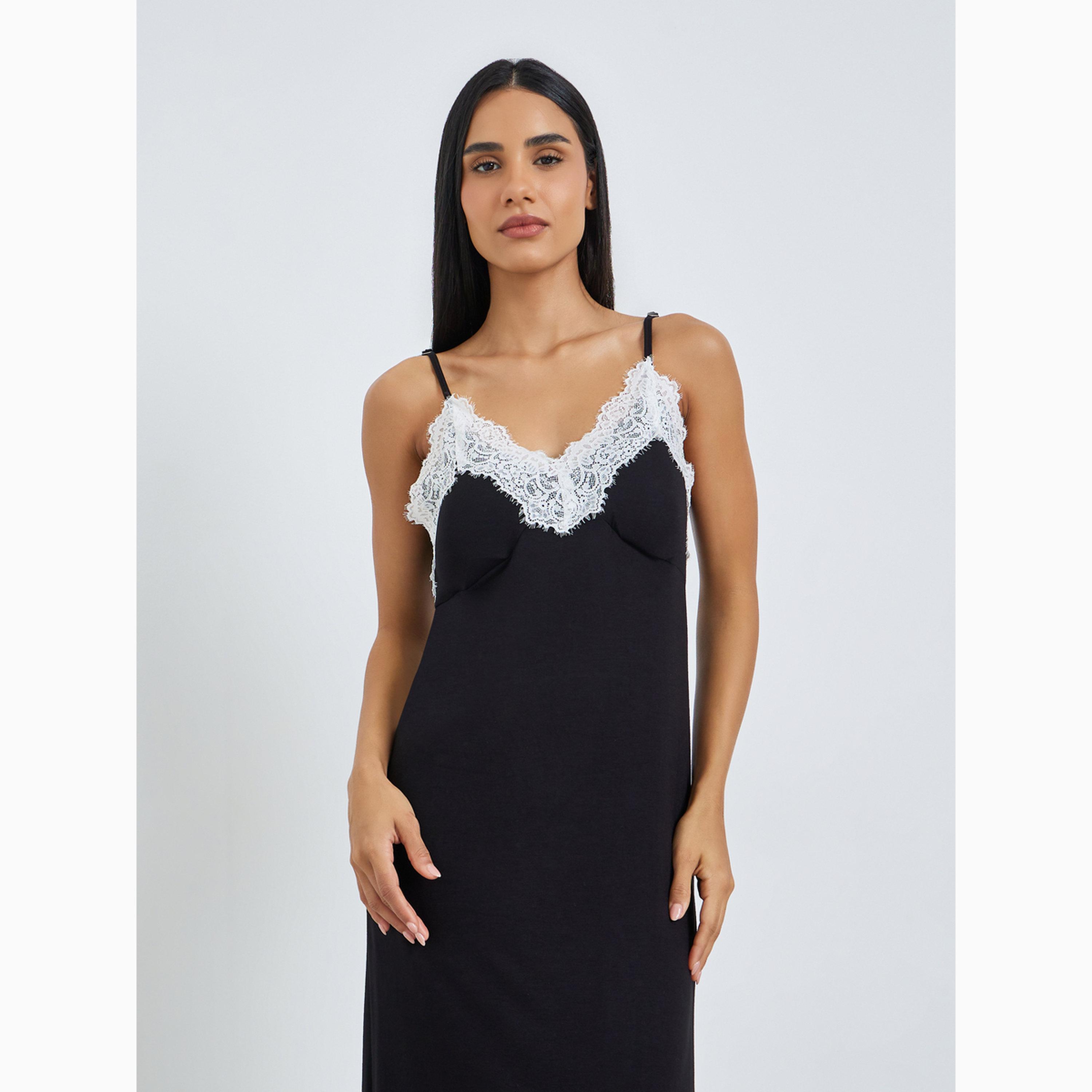 Styli Black Contrast Lace Detail Slip Dress-women-clothing-nightwear-nighties-image-2