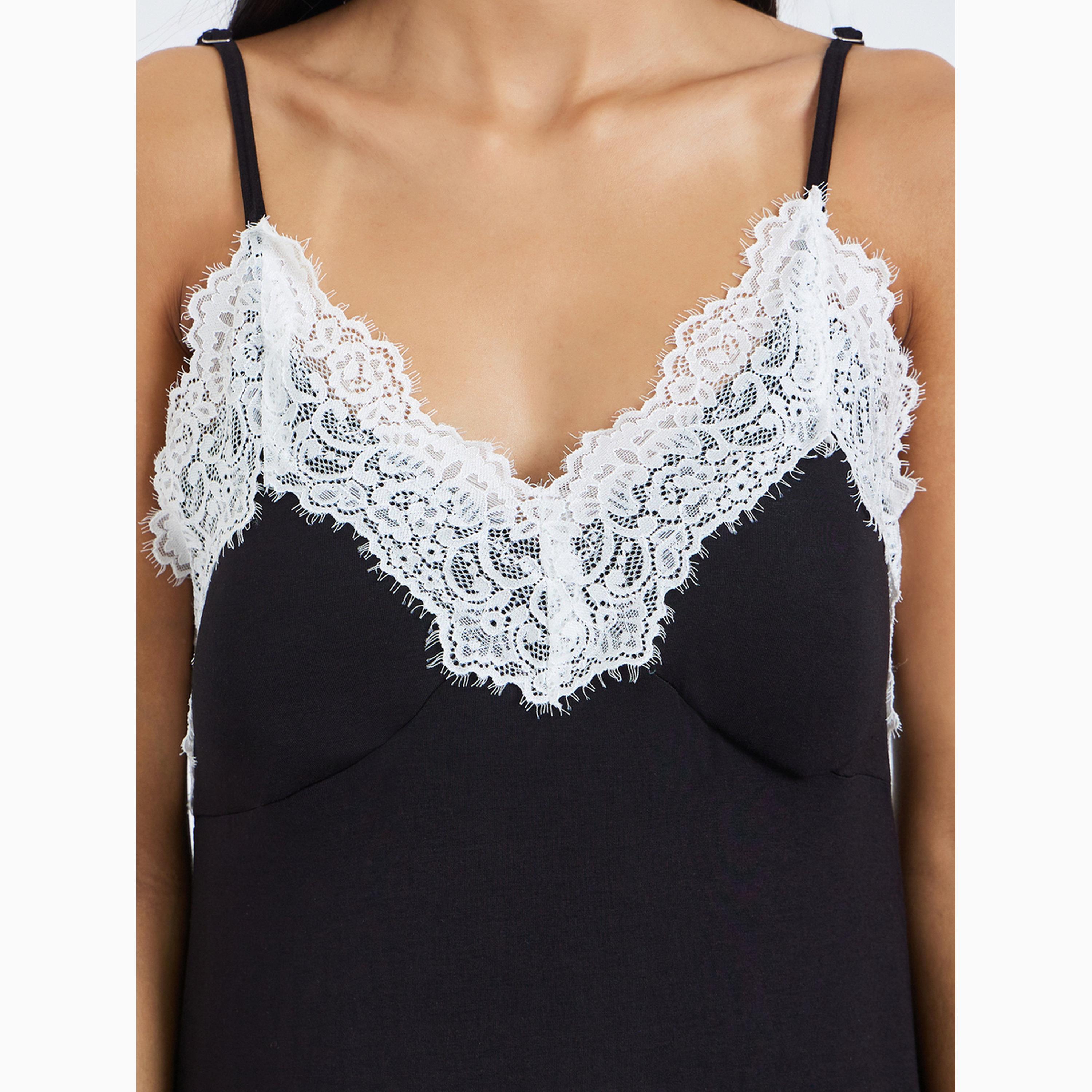 Styli Black Contrast Lace Detail Slip Dress-women-clothing-nightwear-nighties-image-3