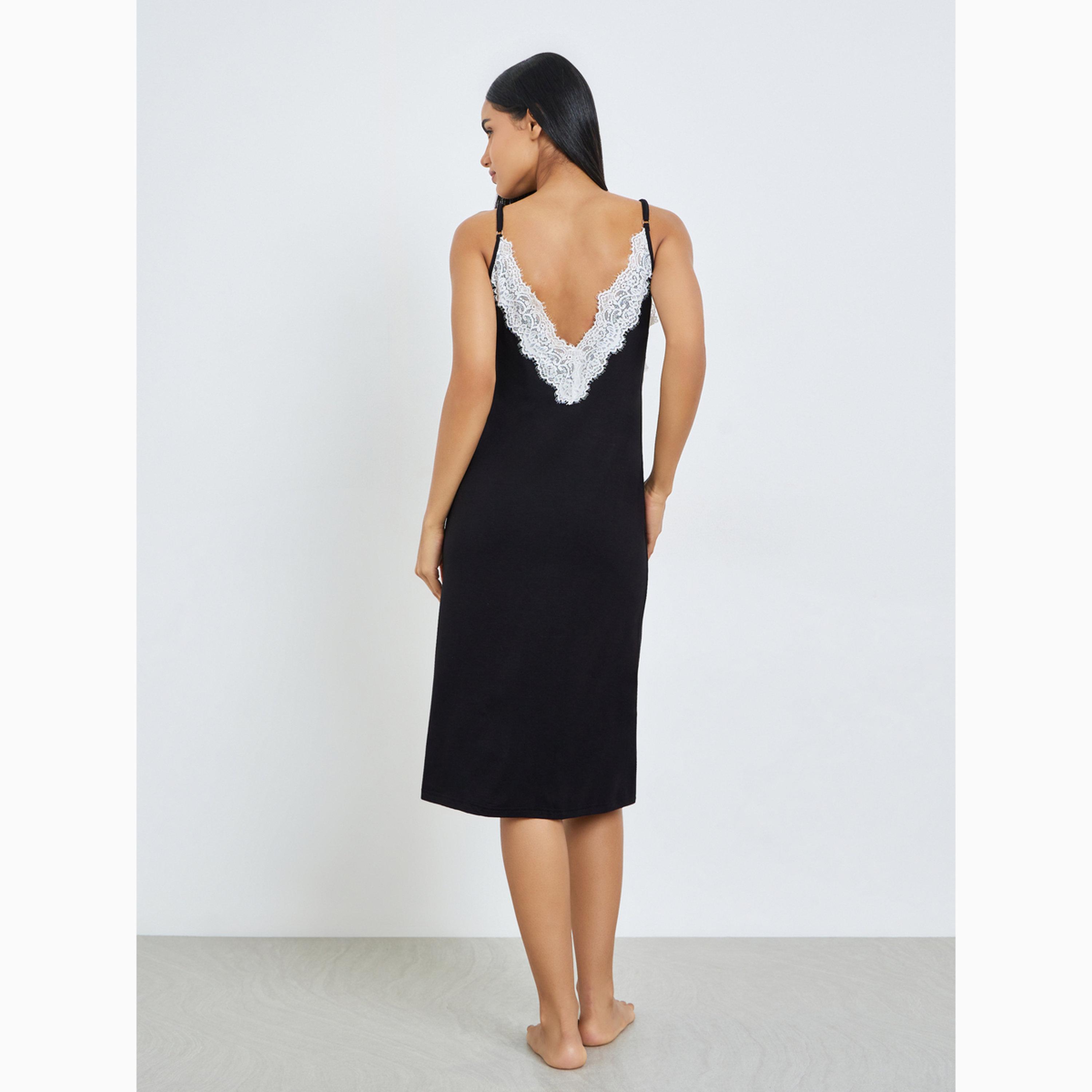 Styli Black Contrast Lace Detail Slip Dress-women-clothing-nightwear-nighties-image-4