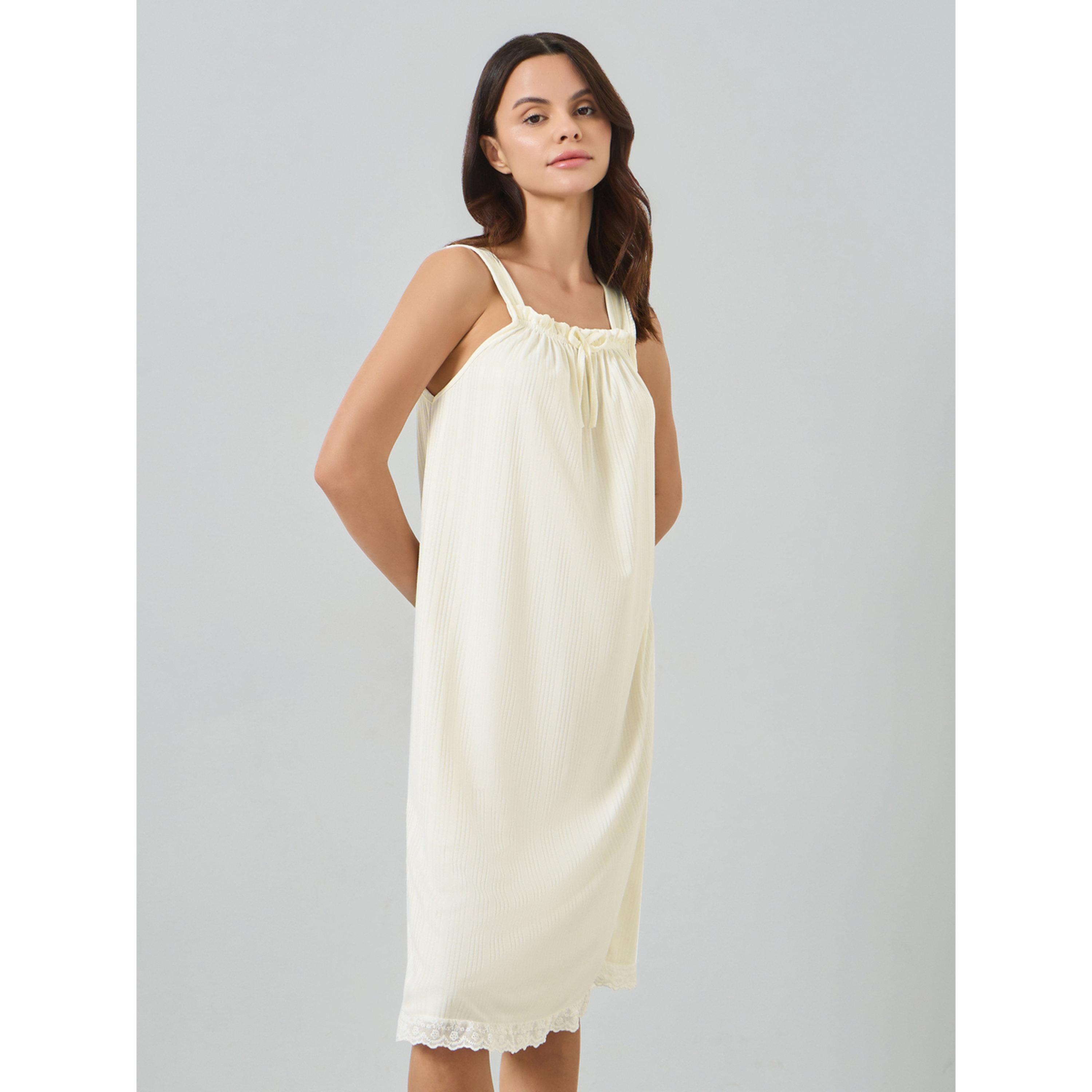 Styli Cream Ribbed Strappy Nightdress with Lace Trim-women-clothing-nightwear-nighties-image-1