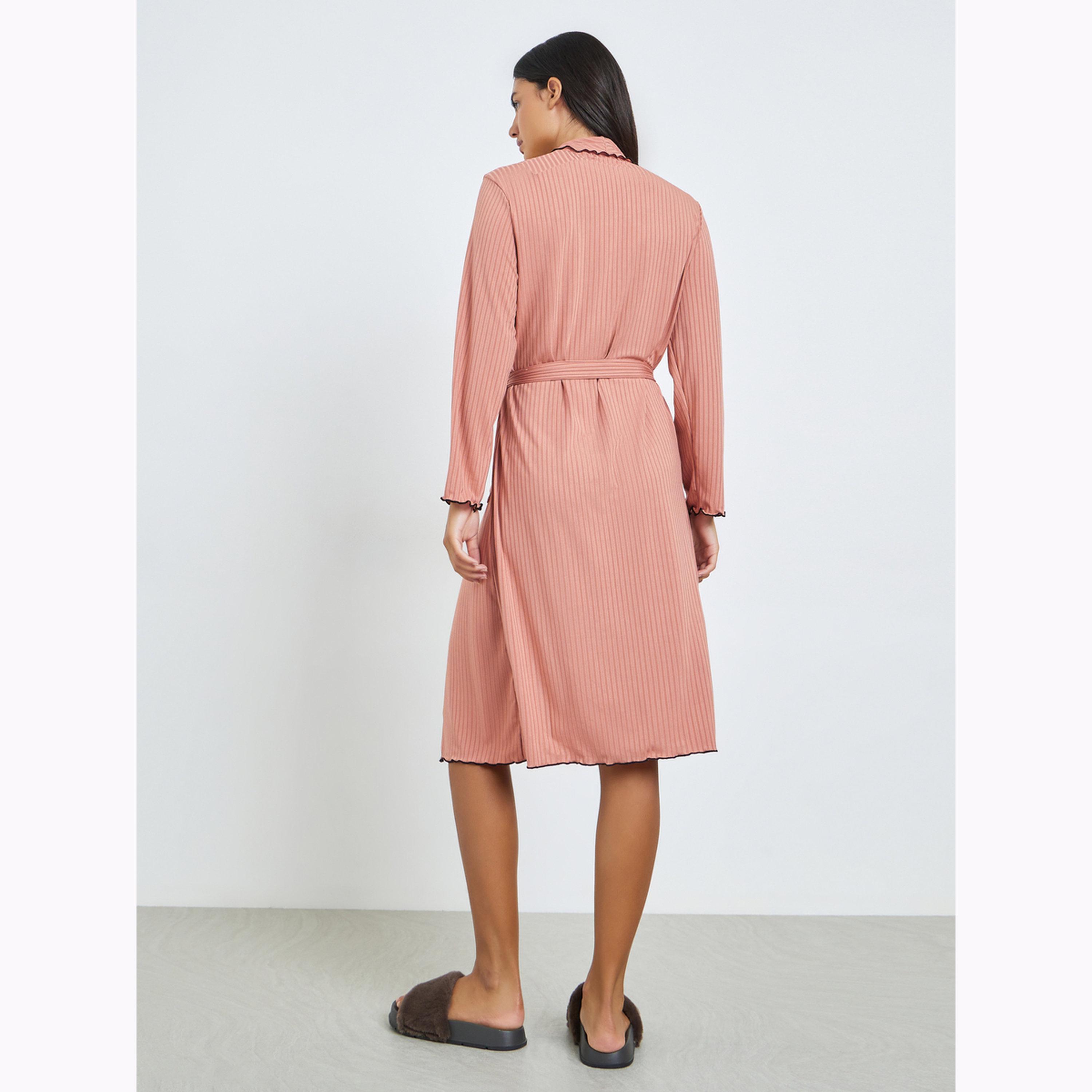 Styli Pink Rib Texture Contrast Lettuce Hem Dual Pocket Robe-women-clothing-nightwear-robes-image-4