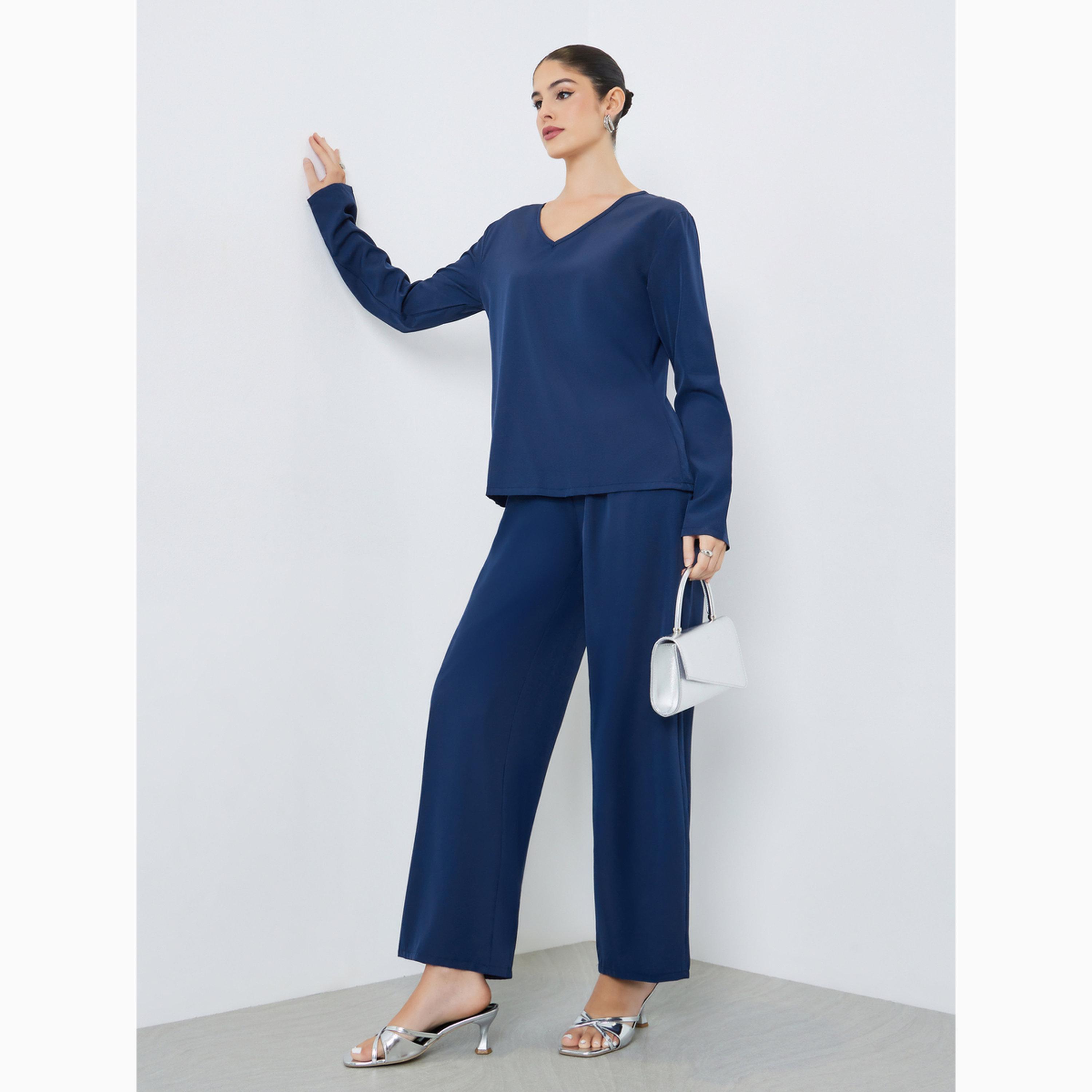 Amirah X Styli Navy Blue Plain V Neck Top and Pants Co-Ords-women-arabicclothing-sets-image-1