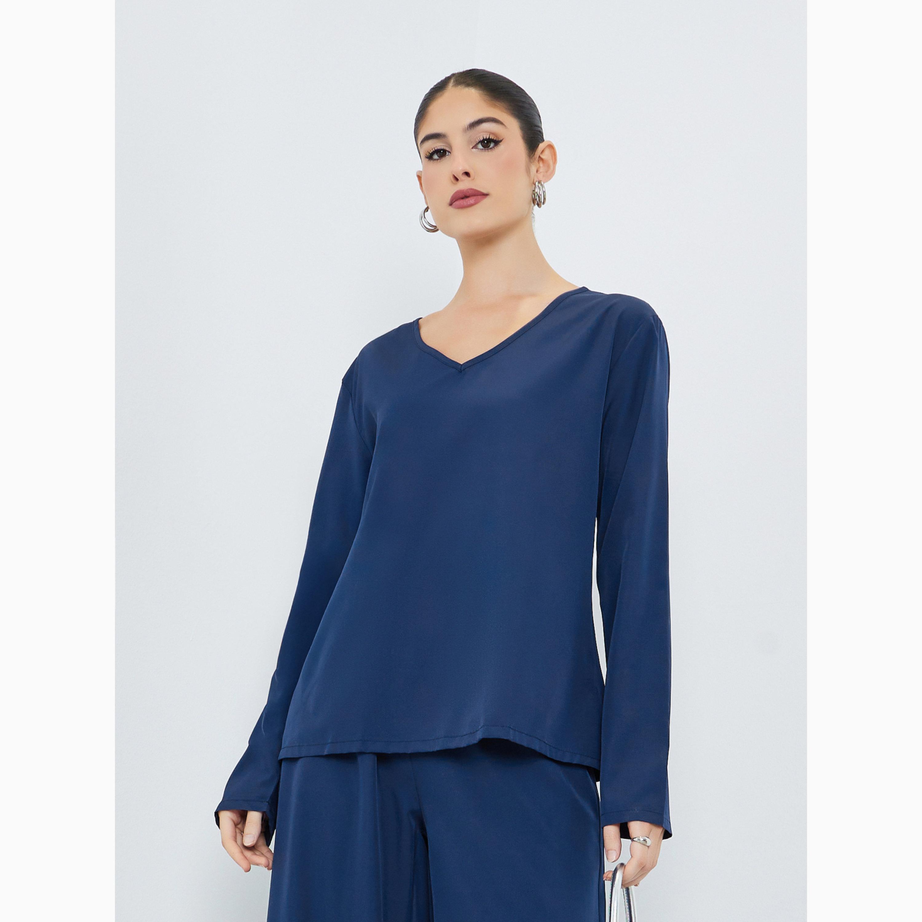 V طقم منسق من بنطال وبلوزة سادة بياقة-women-arabicclothing-sets-image-2
