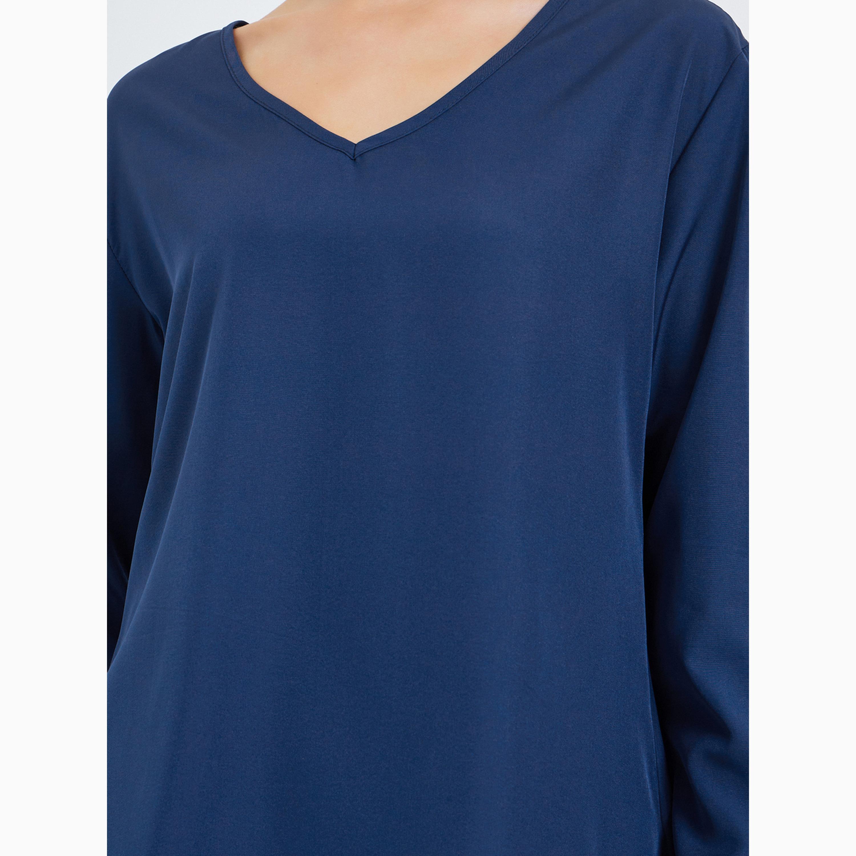 Amirah X Styli Navy Blue Plain V Neck Top and Pants Co-Ords-women-arabicclothing-sets-image-3