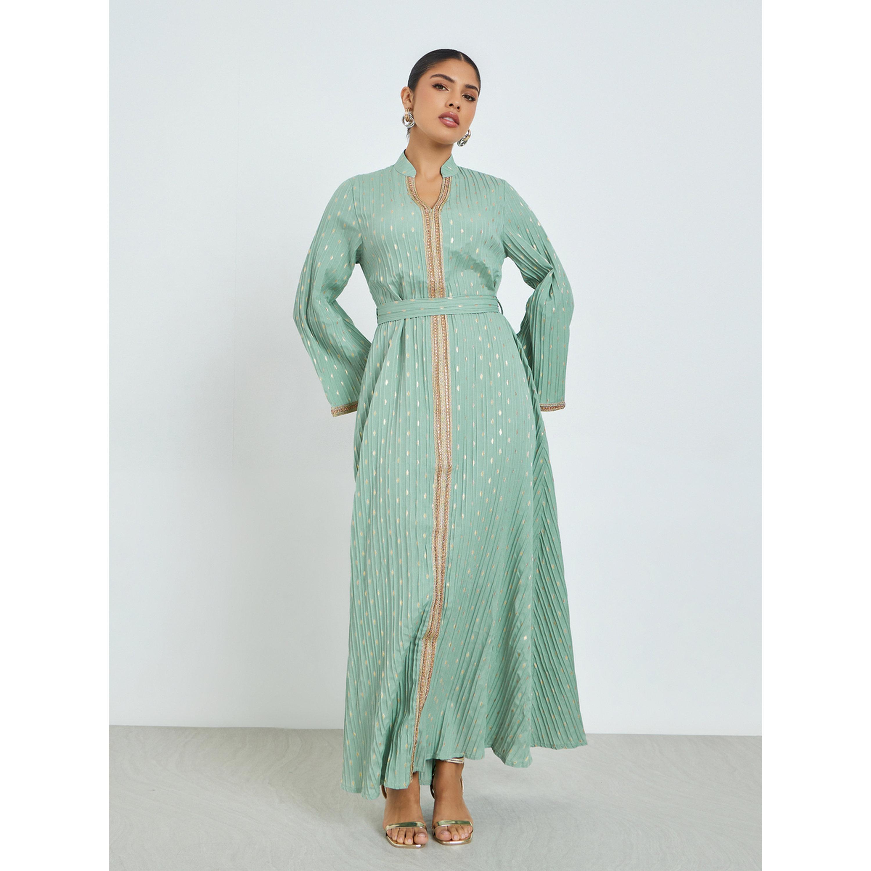 Styli Green Textured Foil Print Jalabiya-women-arabicclothing-jalabiyas-image-1