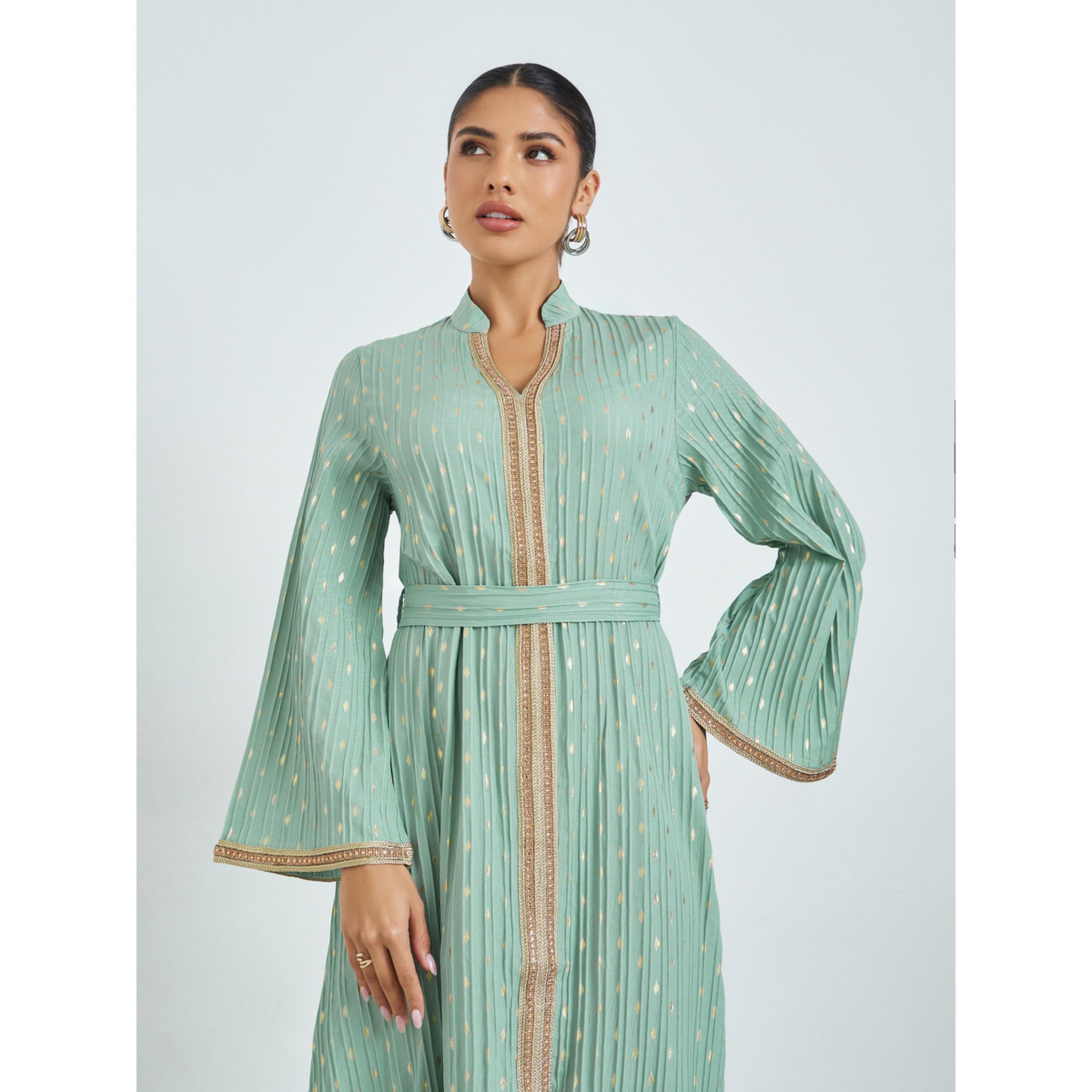Styli Green Textured Foil Print Jalabiya-women-arabicclothing-jalabiyas-image-2