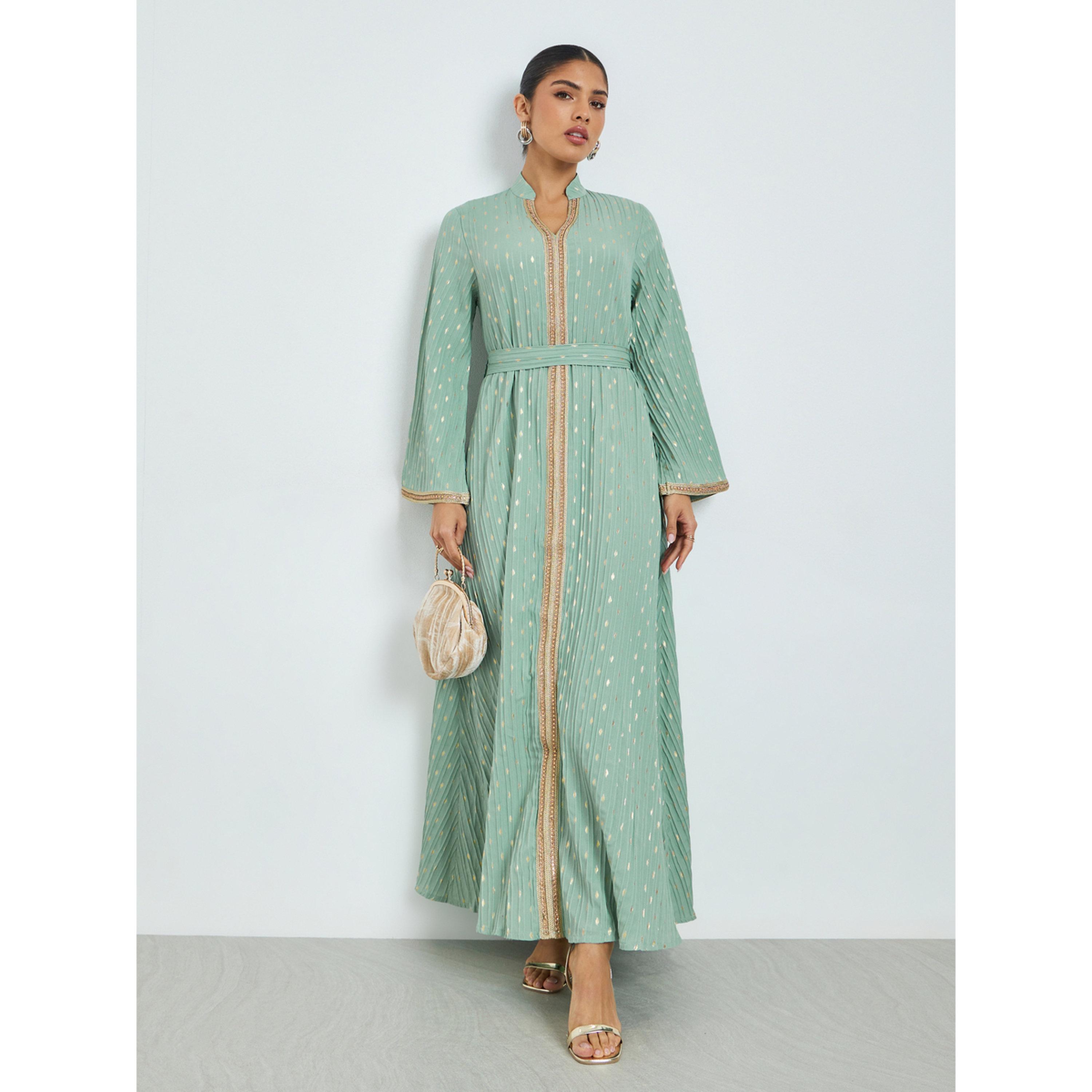 Styli Green Textured Foil Print Jalabiya-women-arabicclothing-jalabiyas-image-3