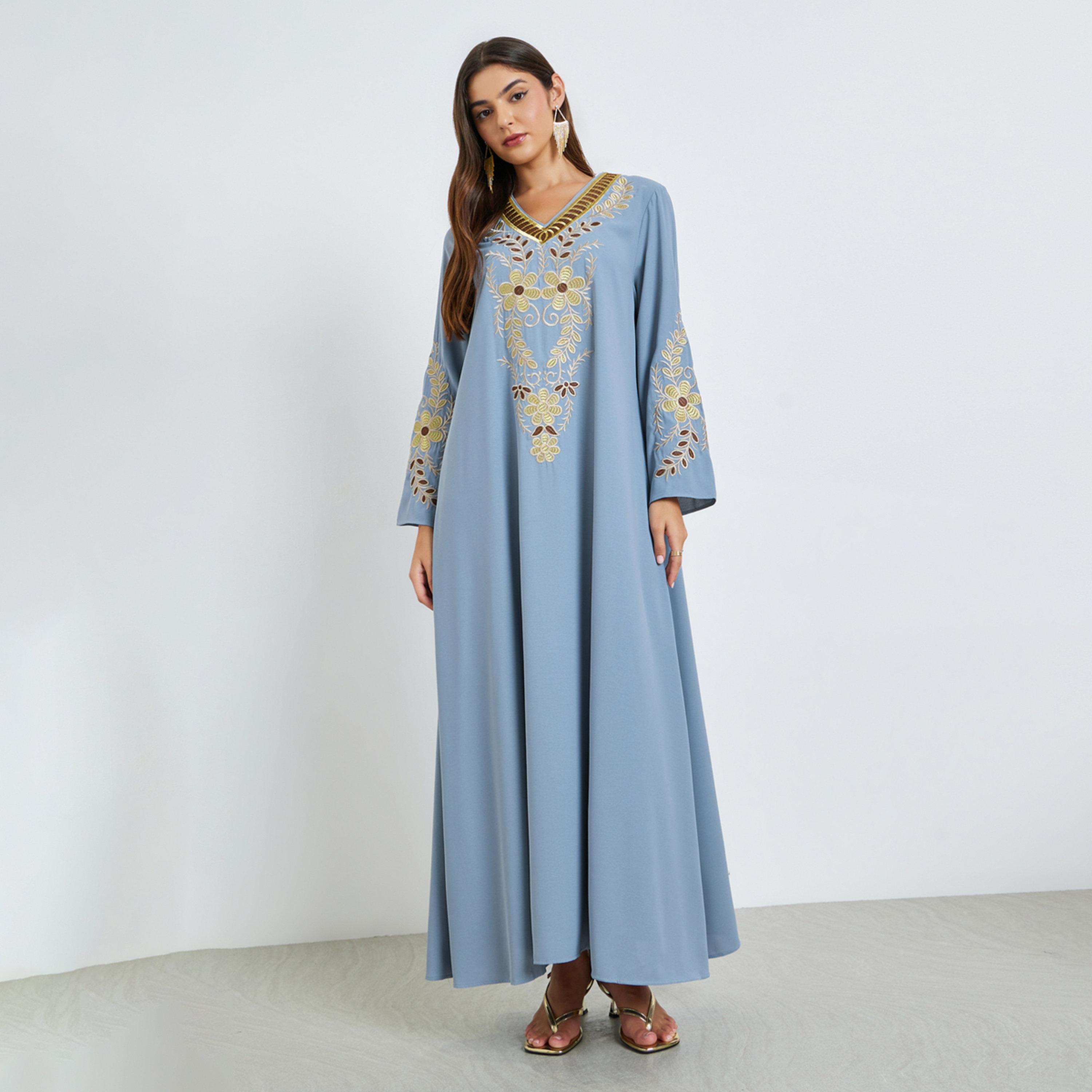 Styli Blue Embroidered V Neck Jalabiya-women-arabicclothing-jalabiyas-image-1