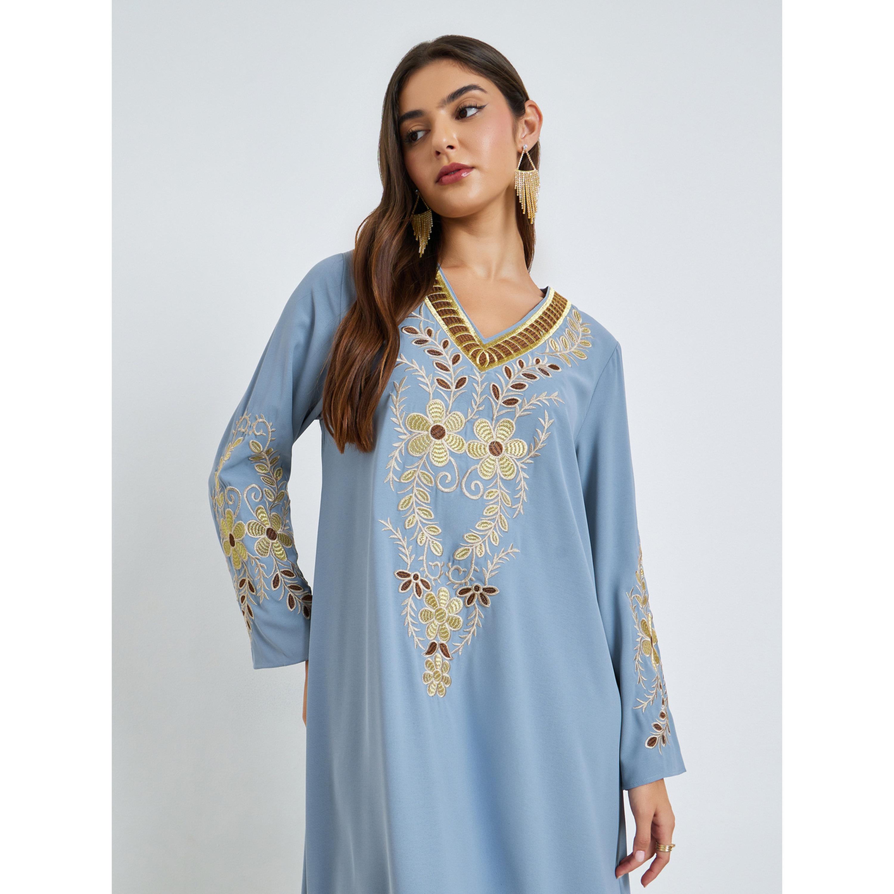 Styli Blue Embroidered V Neck Jalabiya-women-arabicclothing-jalabiyas-image-3