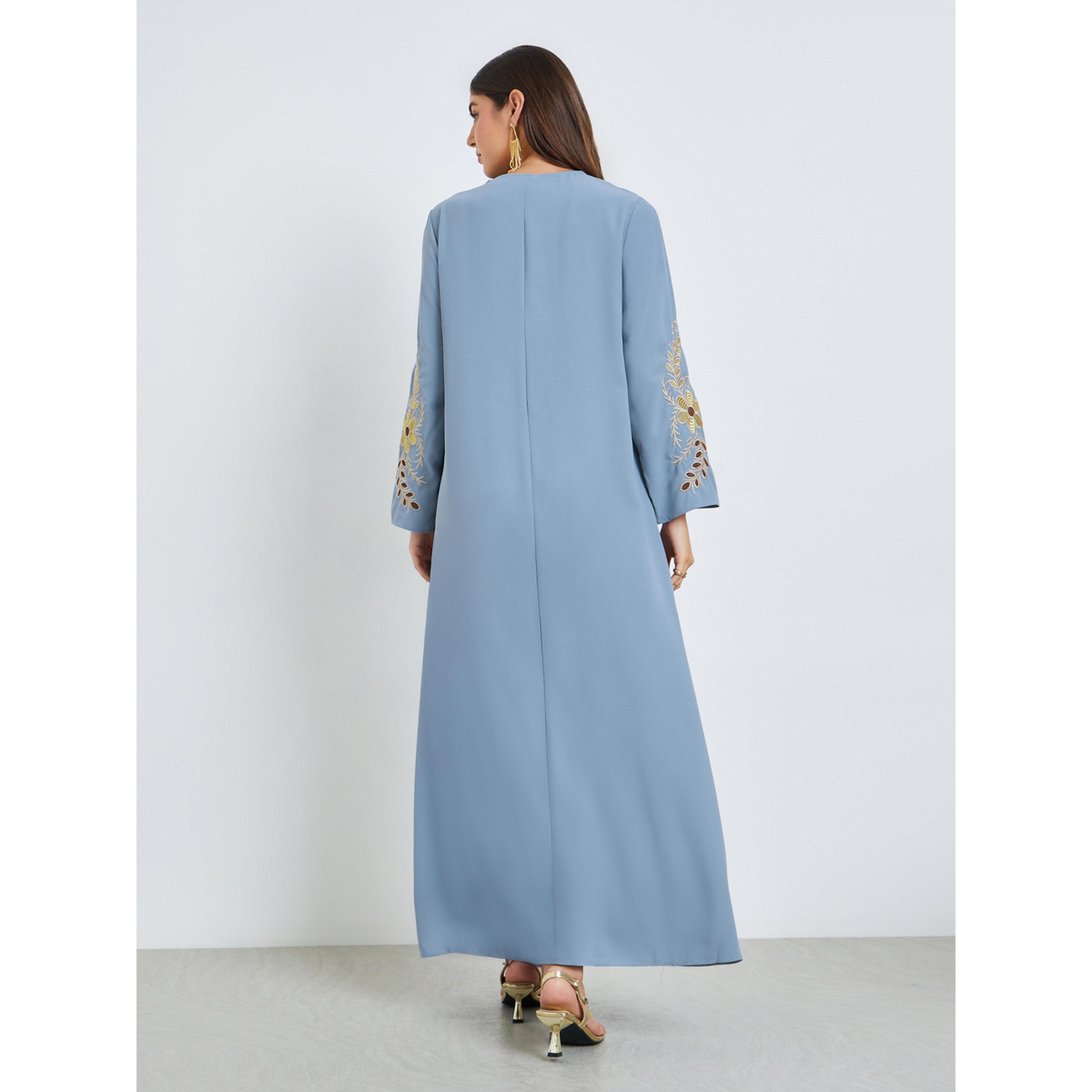 Styli Blue Embroidered V Neck Jalabiya-women-arabicclothing-jalabiyas-image-4