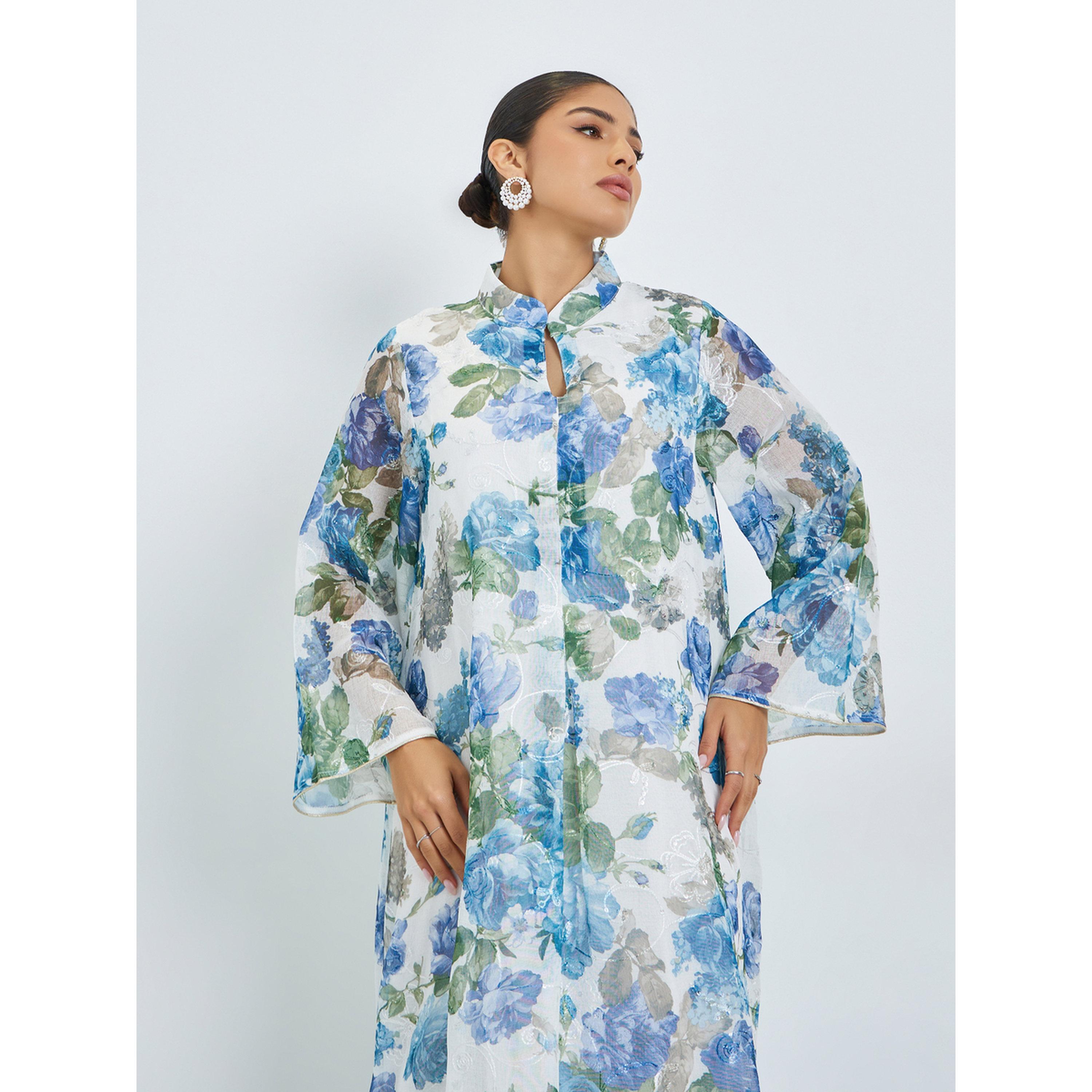 Styli Blue Floral Print Stand Collar Jalabiya-women-arabicclothing-jalabiyas-image-2