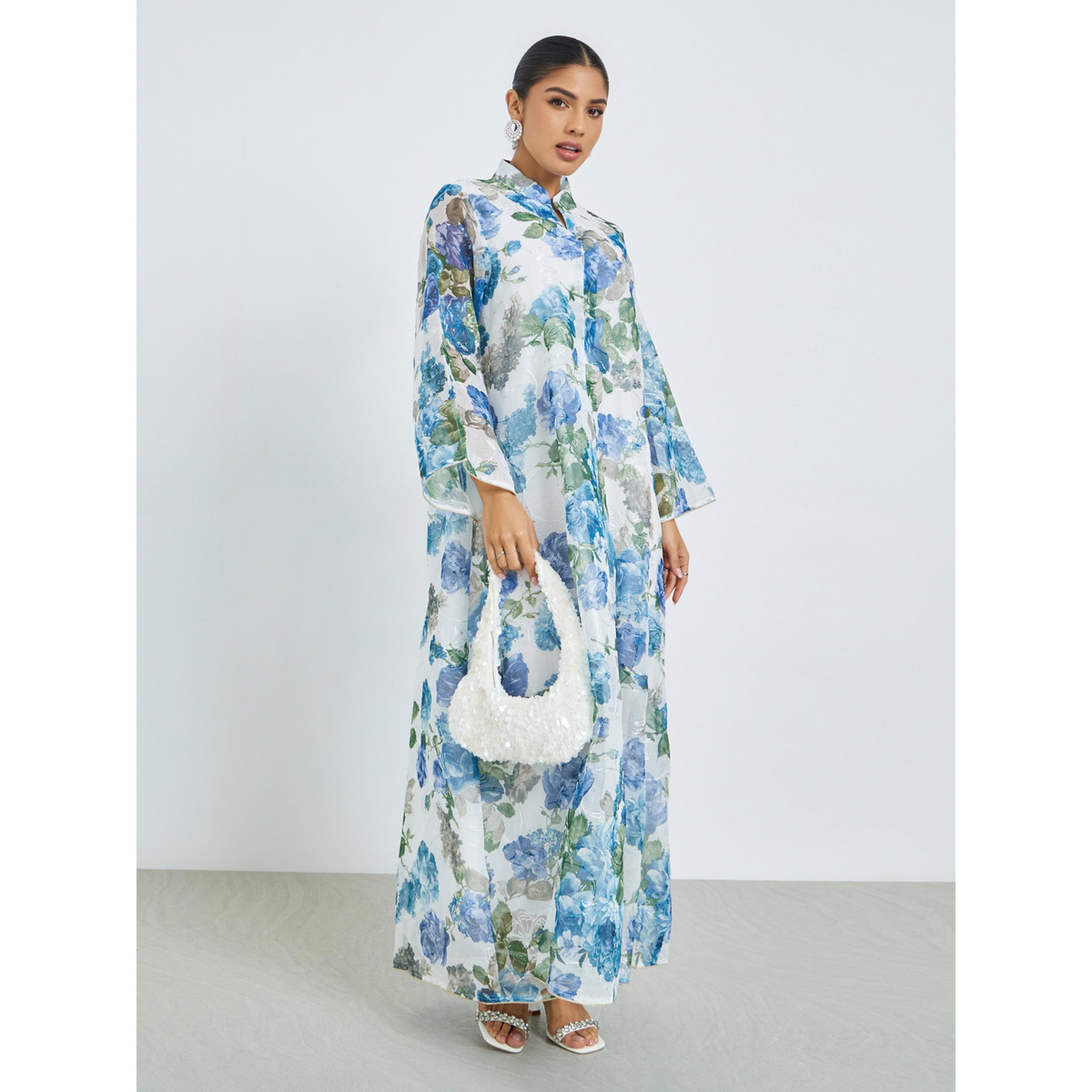 Styli Blue Floral Print Stand Collar Jalabiya-women-arabicclothing-jalabiyas-image-3