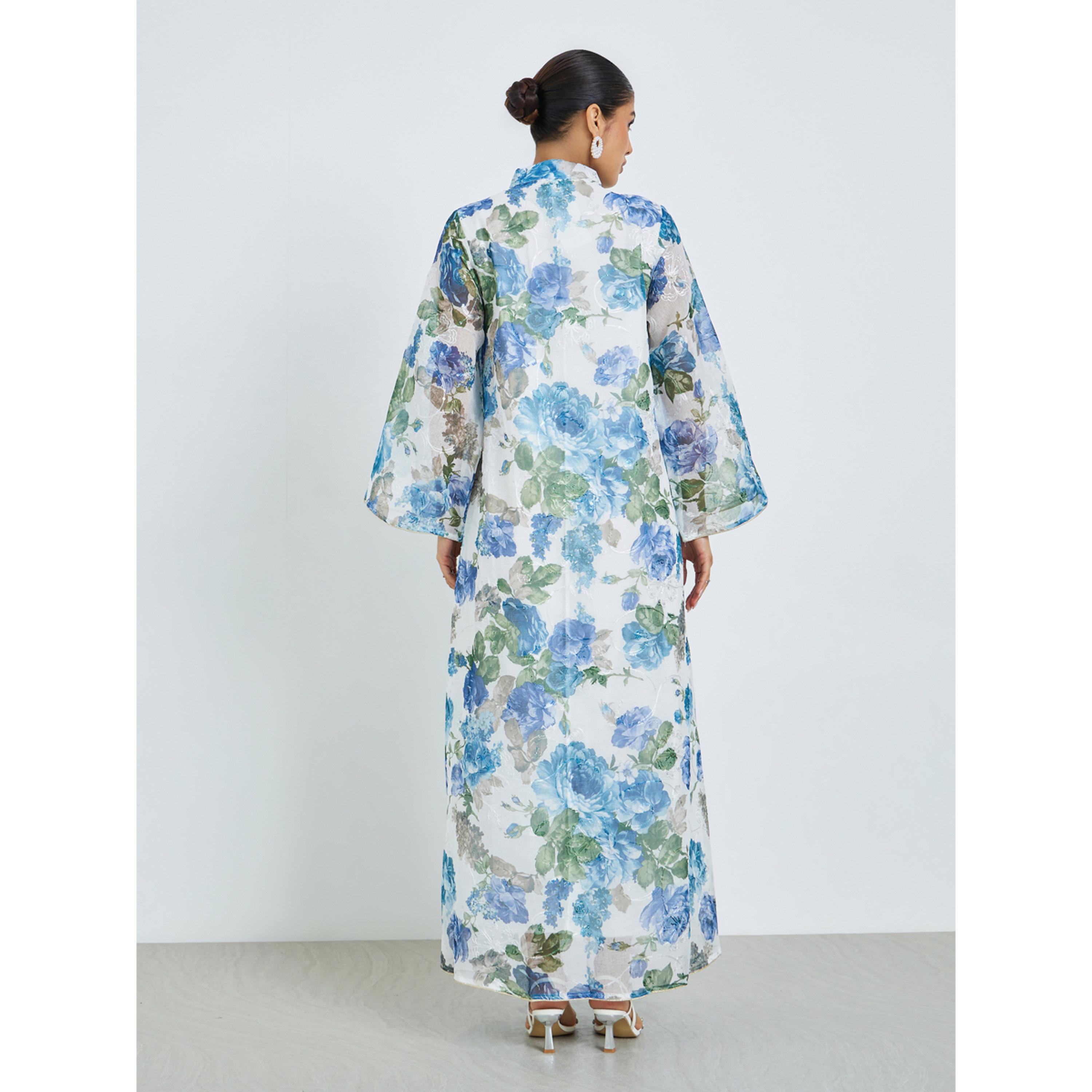 Styli Blue Floral Print Stand Collar Jalabiya-women-arabicclothing-jalabiyas-image-4