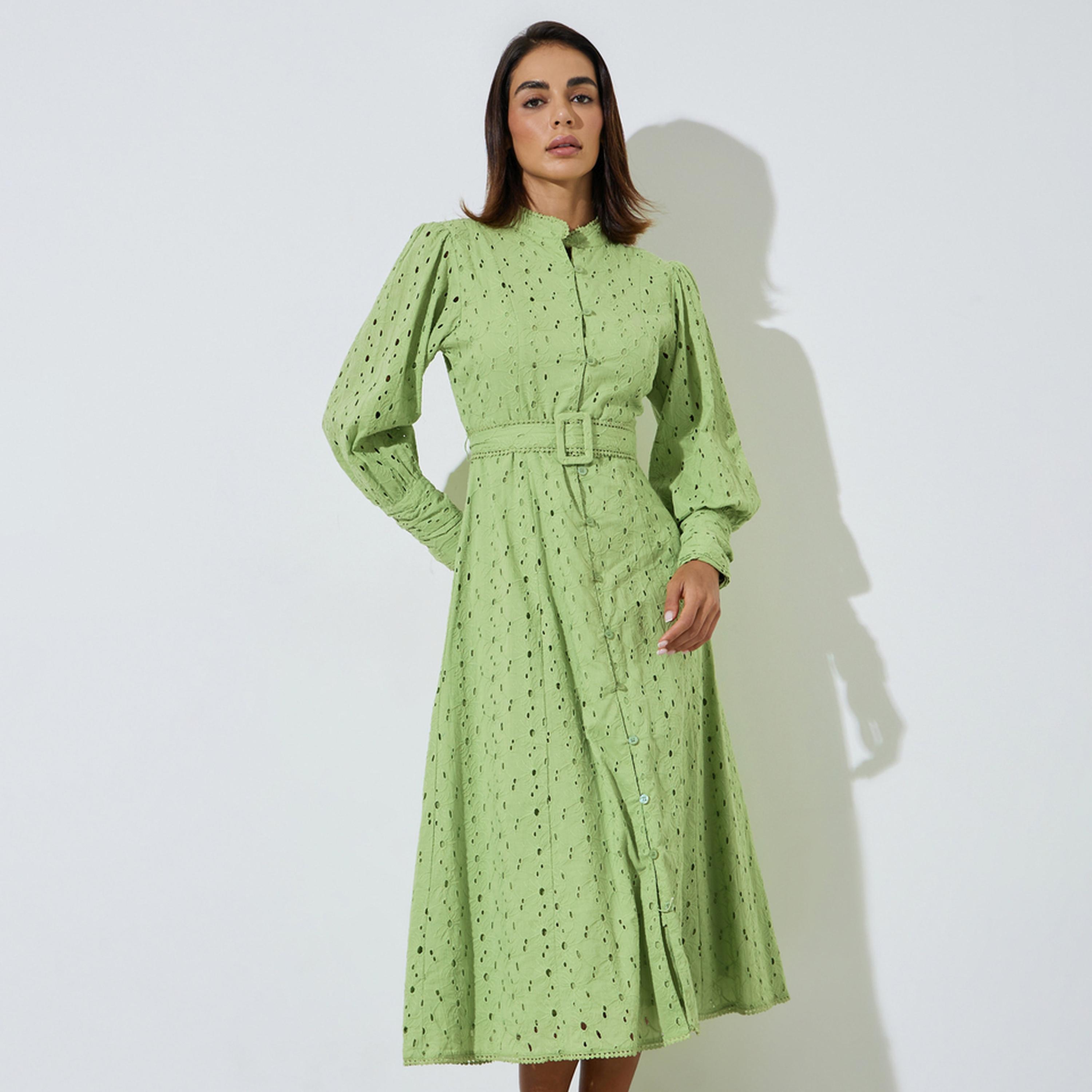 فستان ميدي قطن بحزام وتفاصيل شيفلي-women-clothing-dresses-image-1