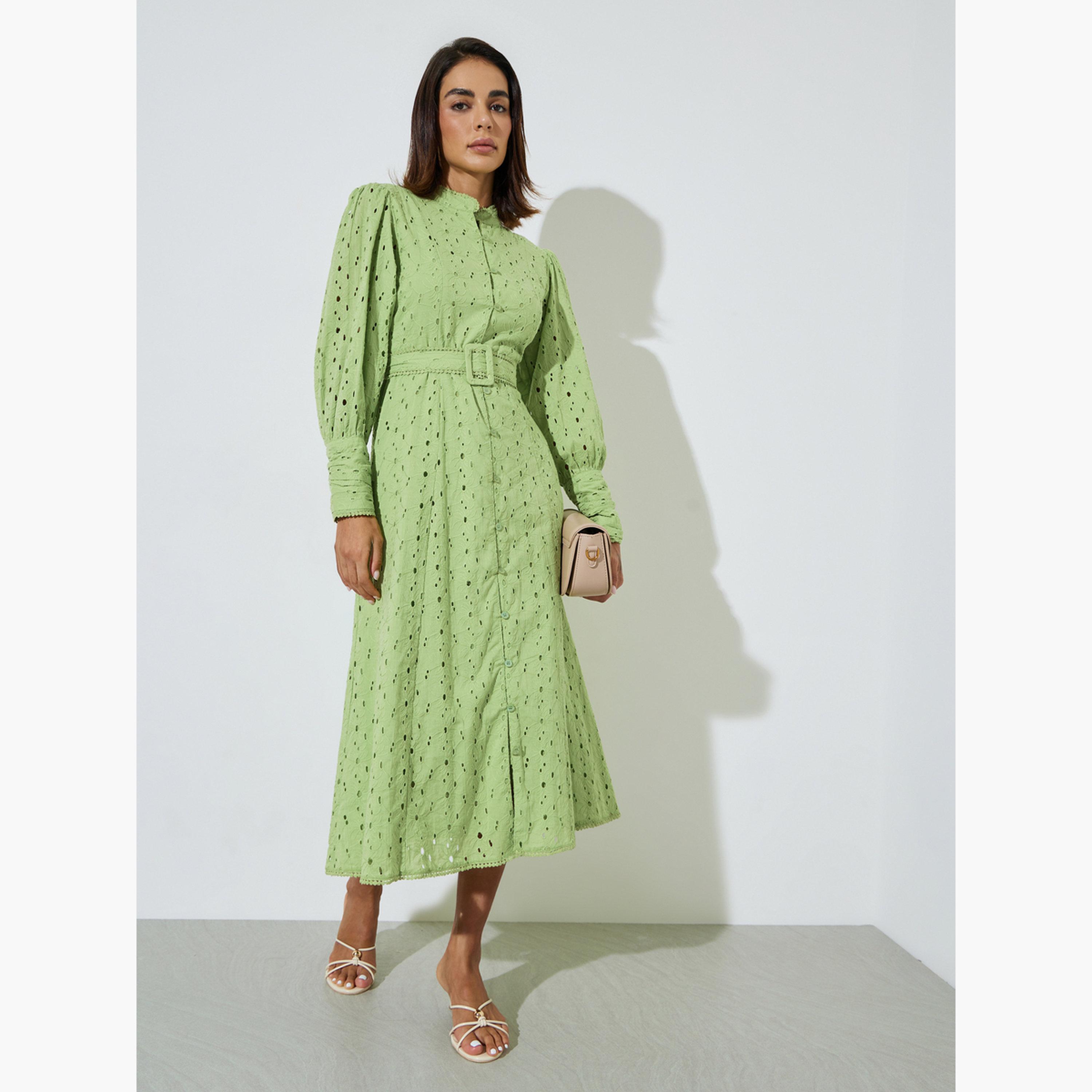فستان ميدي قطن بحزام وتفاصيل شيفلي-women-clothing-dresses-image-2