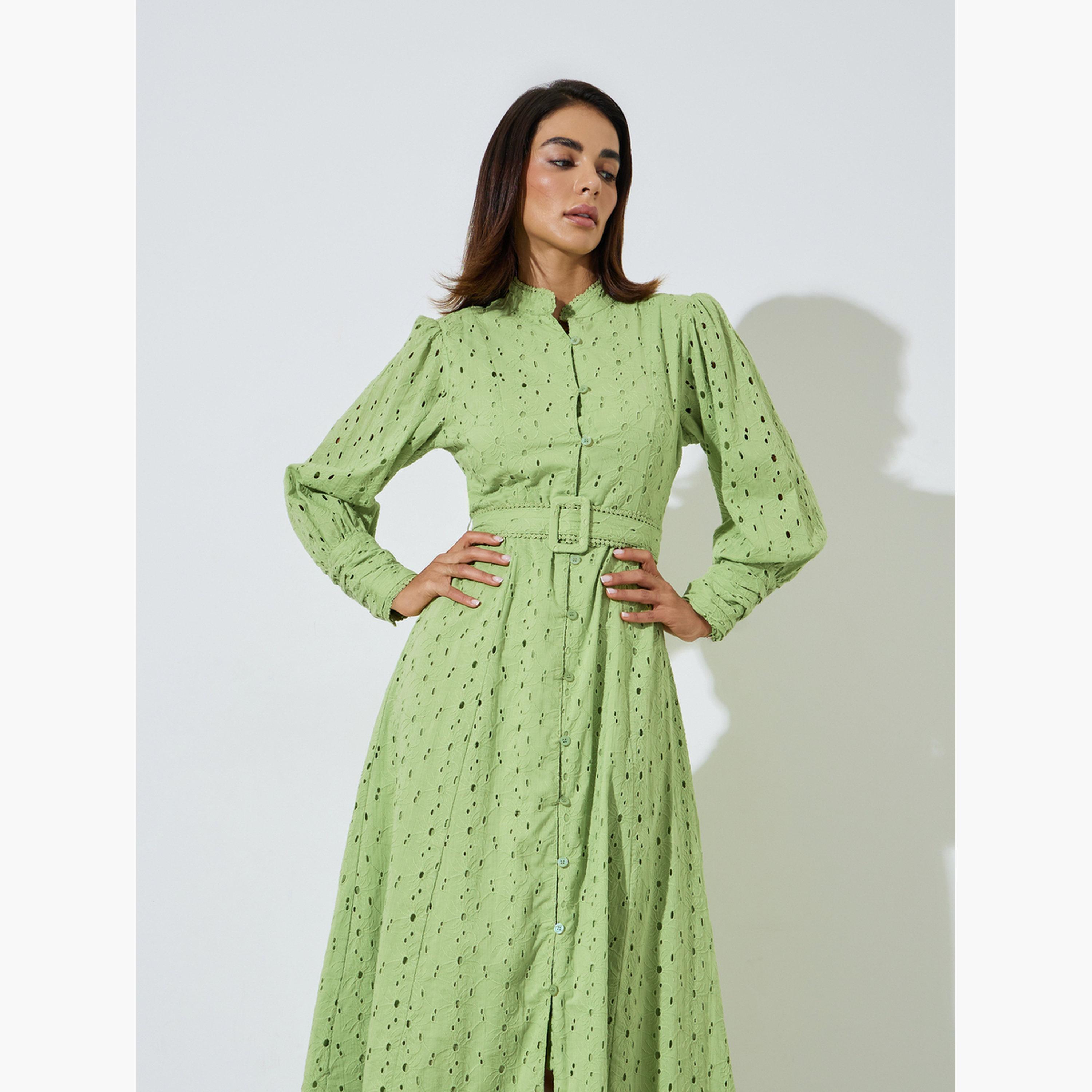 فستان ميدي قطن بحزام وتفاصيل شيفلي-women-clothing-dresses-image-3