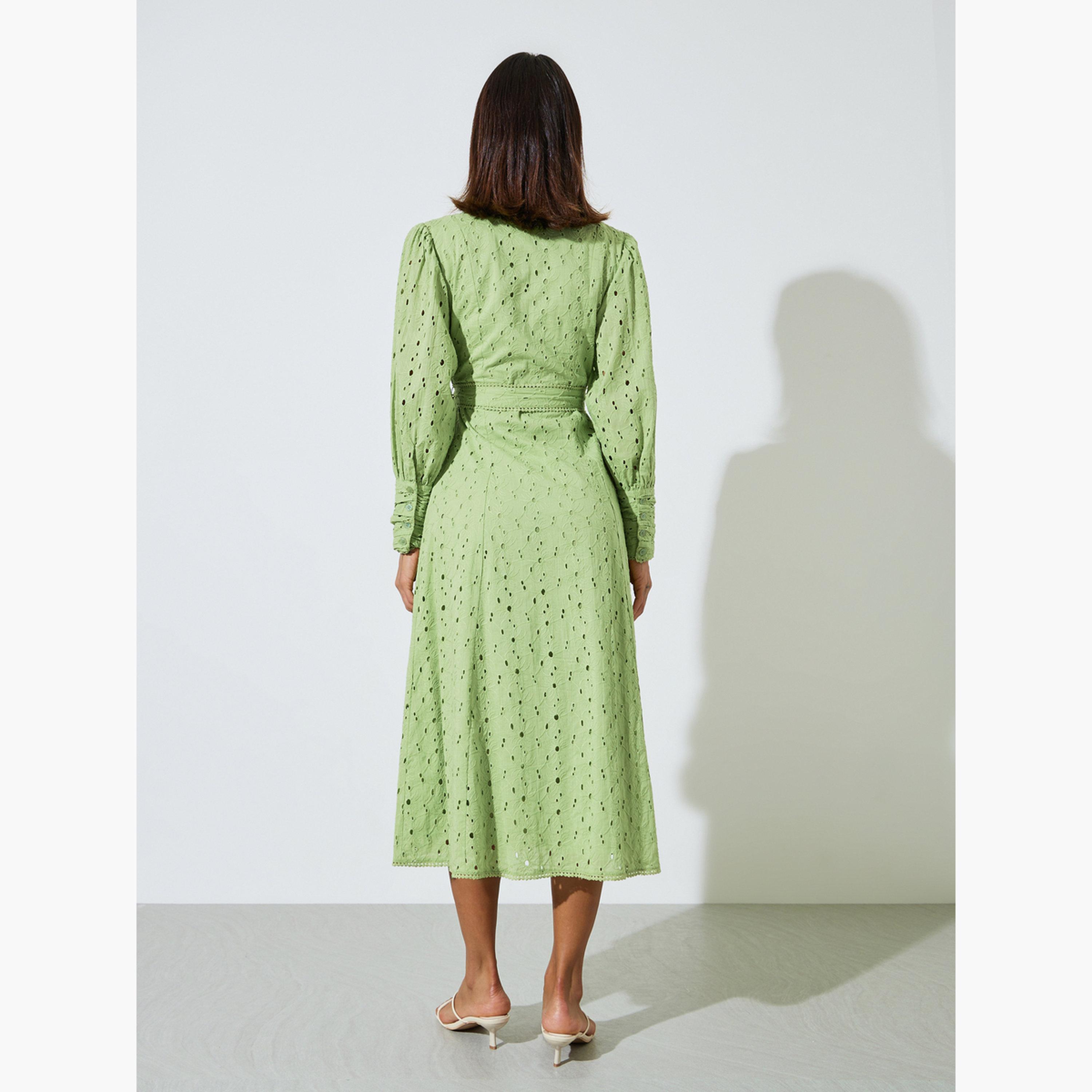 فستان ميدي قطن بحزام وتفاصيل شيفلي-women-clothing-dresses-image-4