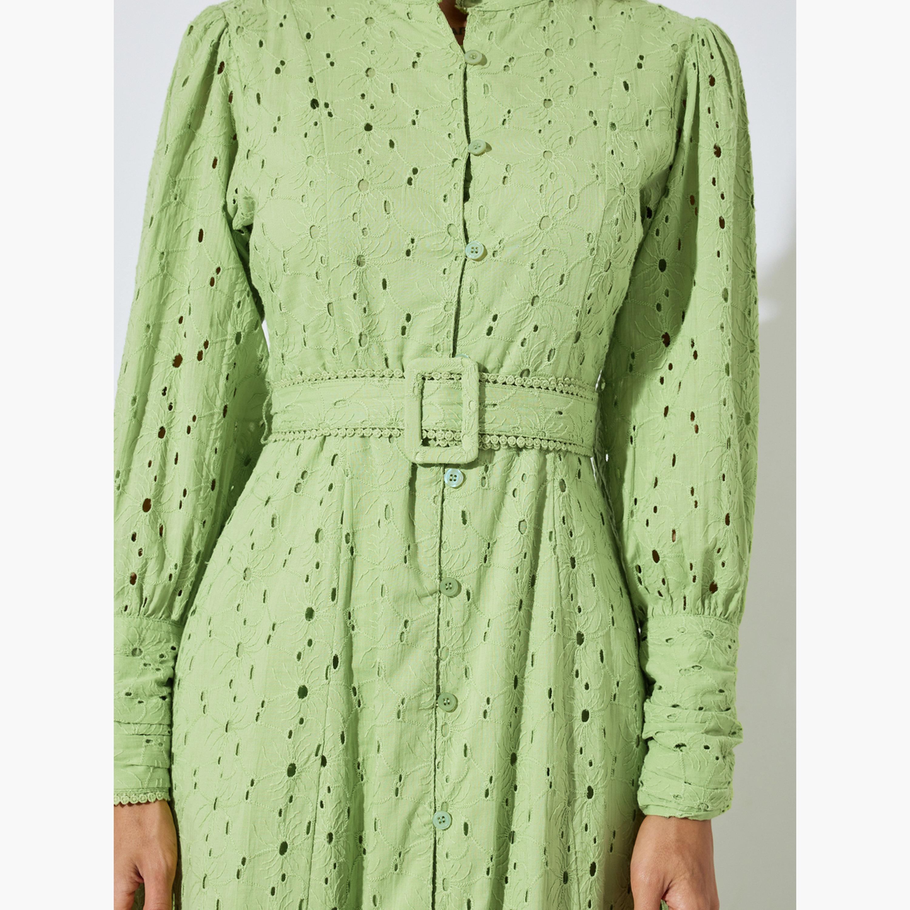 فستان ميدي قطن بحزام وتفاصيل شيفلي-women-clothing-dresses-image-5