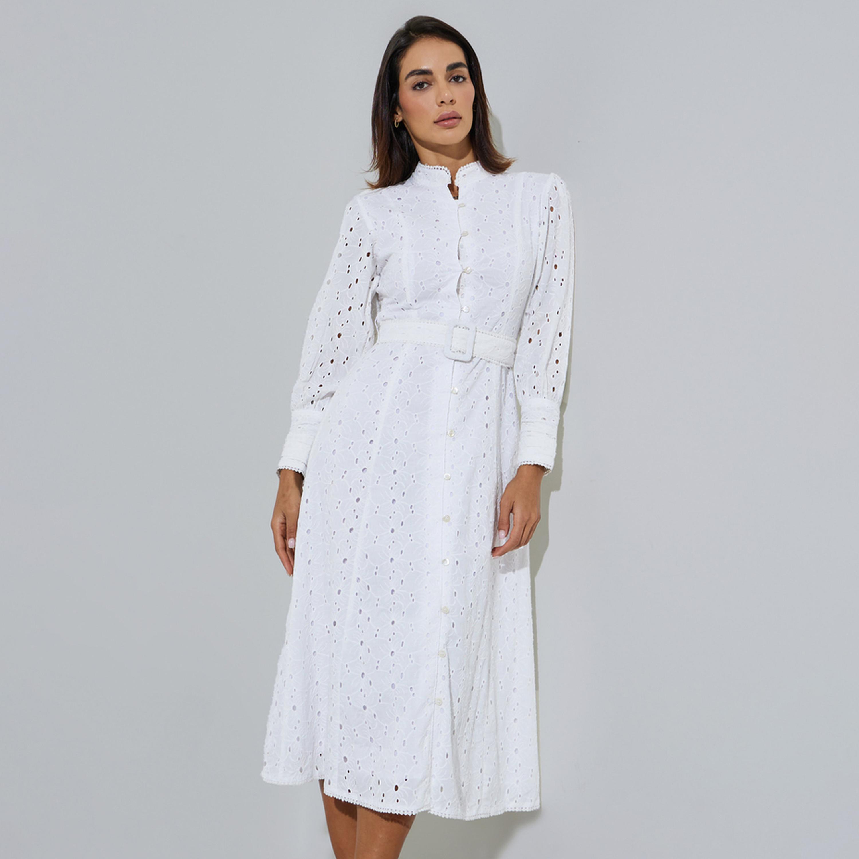 فستان ميدي قطن بحزام وتفاصيل شيلي-women-clothing-dresses-image-1