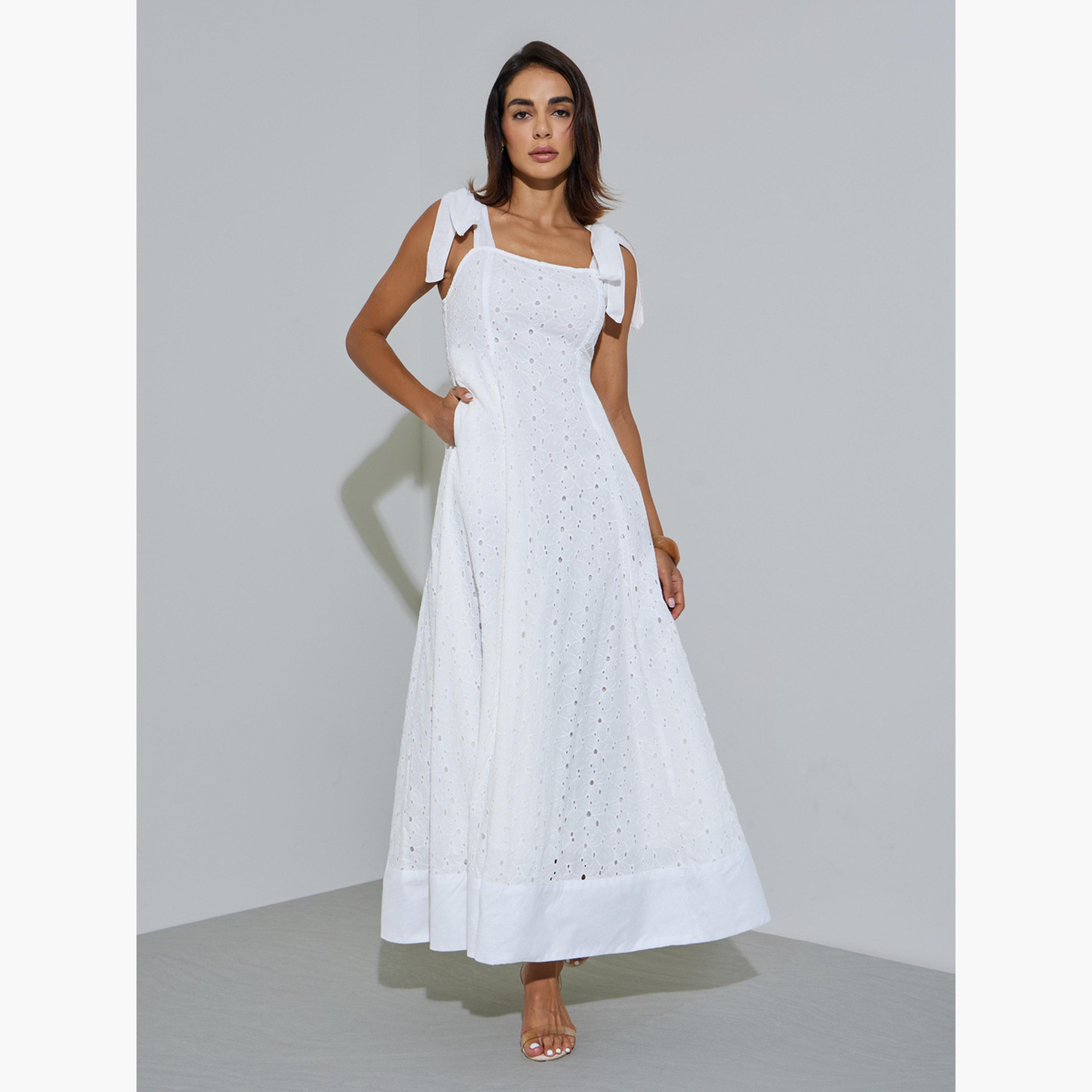 فستان طويل قطن بحافة واسعة وأربطة كتاف وتفاصيل شيلي-women-clothing-dresses-image-1