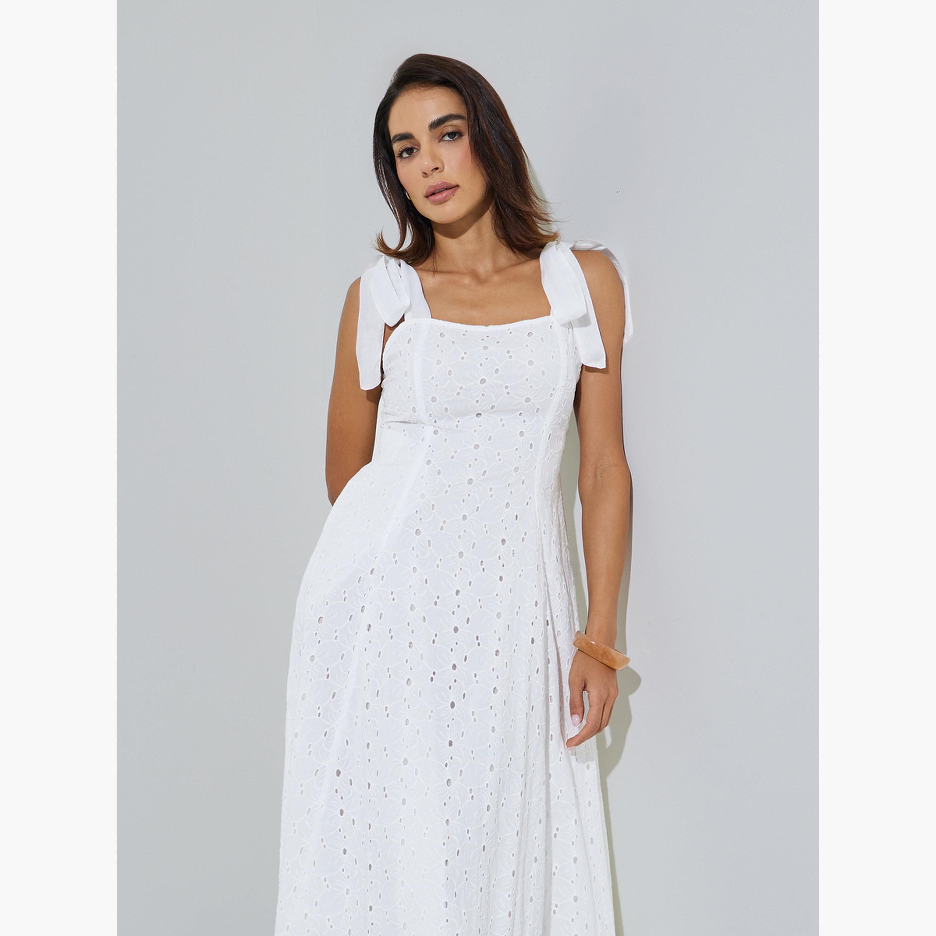 فستان طويل قطن بحافة واسعة وأربطة كتاف وتفاصيل شيلي-women-clothing-dresses-image-2