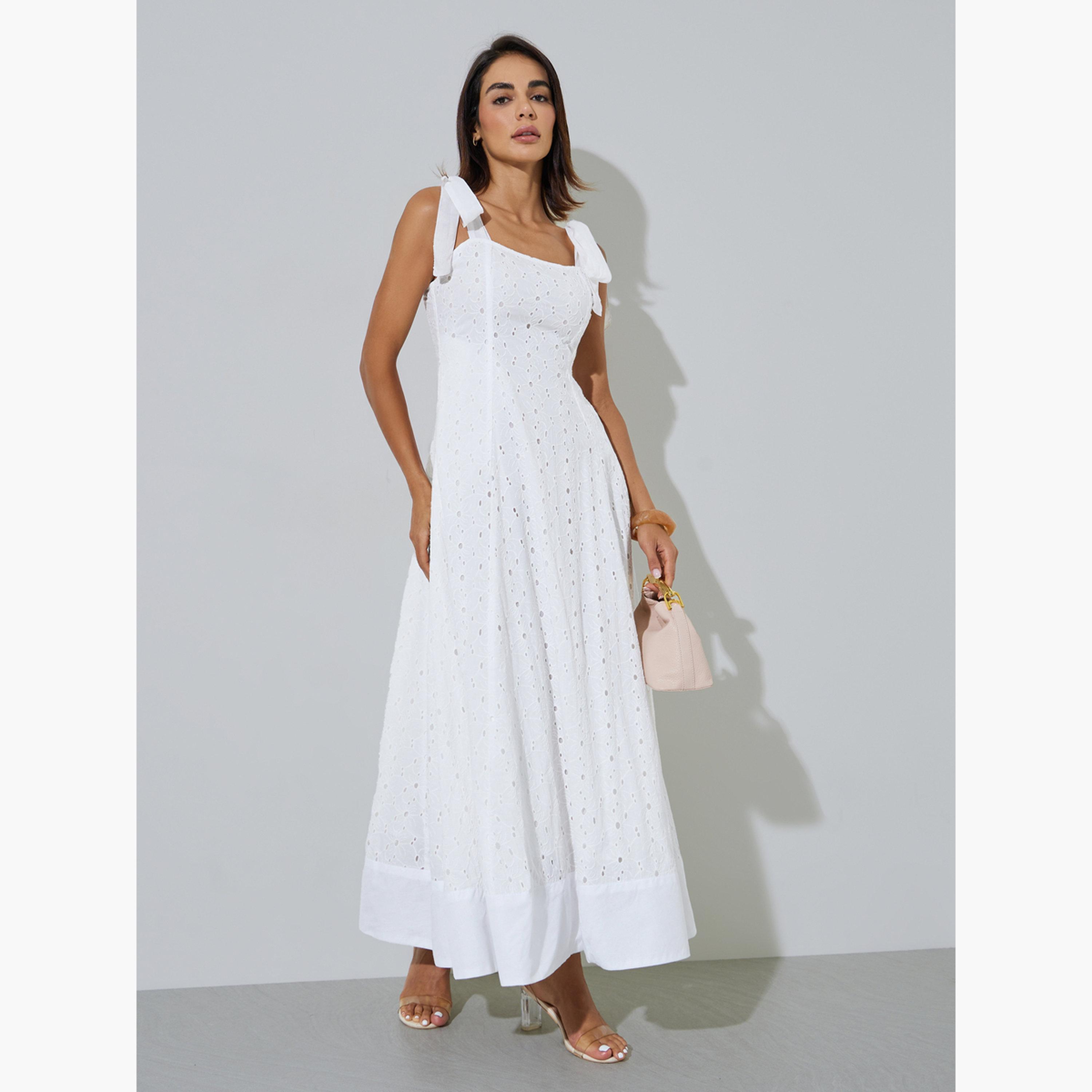 فستان طويل قطن بحافة واسعة وأربطة كتاف وتفاصيل شيلي-women-clothing-dresses-image-3