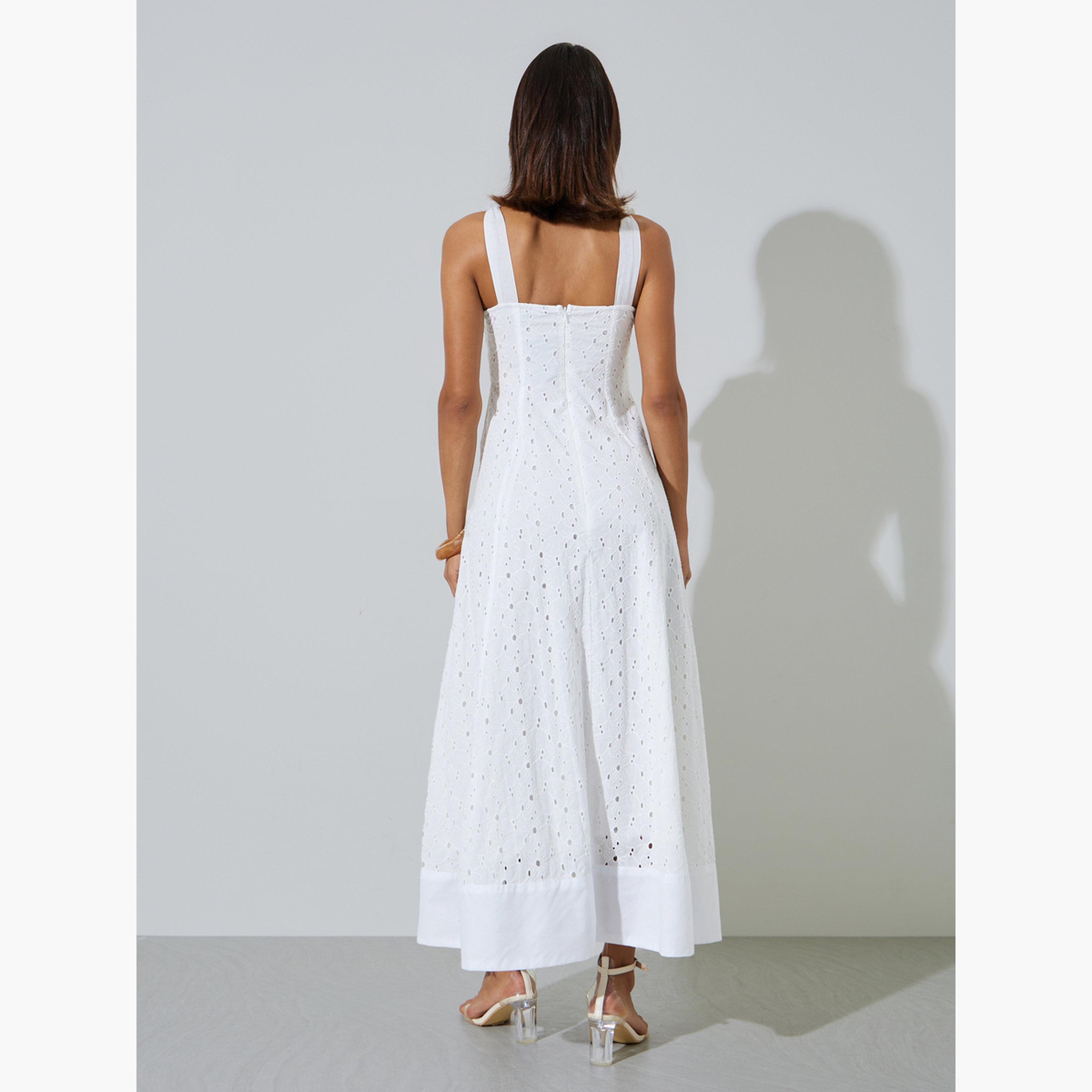 فستان طويل قطن بحافة واسعة وأربطة كتاف وتفاصيل شيلي-women-clothing-dresses-image-4