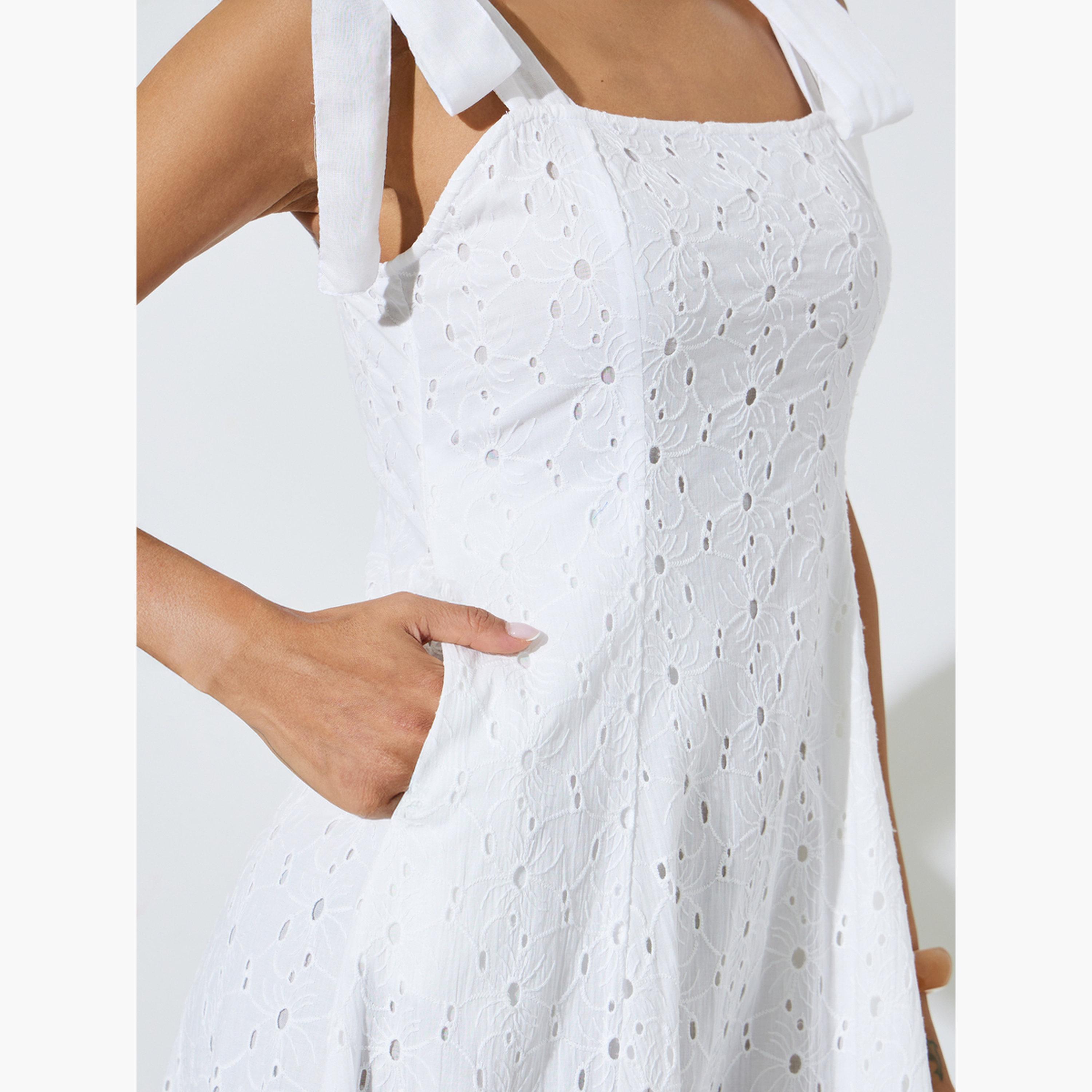 فستان طويل قطن بحافة واسعة وأربطة كتاف وتفاصيل شيلي-women-clothing-dresses-image-5