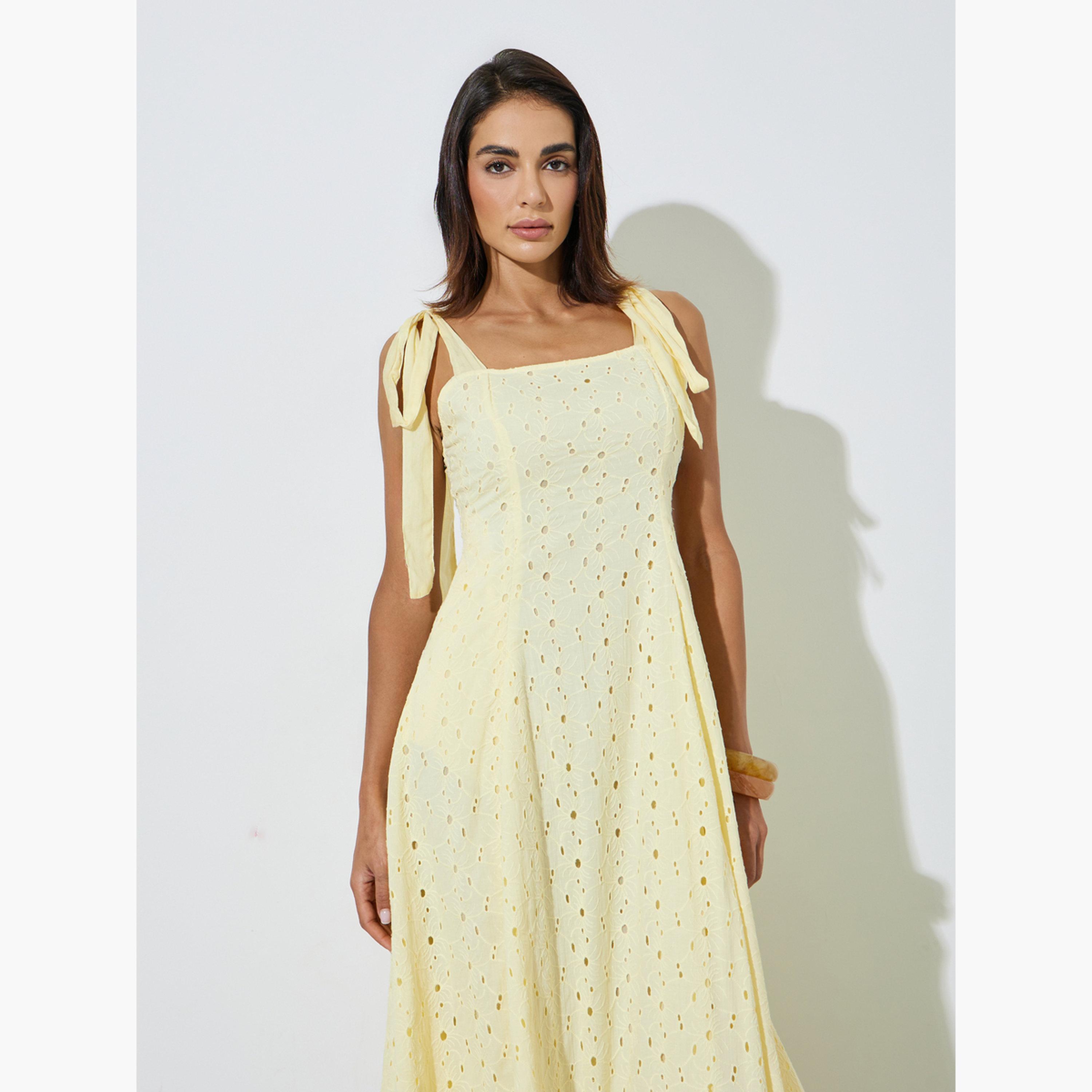 فستان طويل قطن بحافة واسعة وأربطة كتاف وتفاصيل شيلي-women-clothing-dresses-image-2