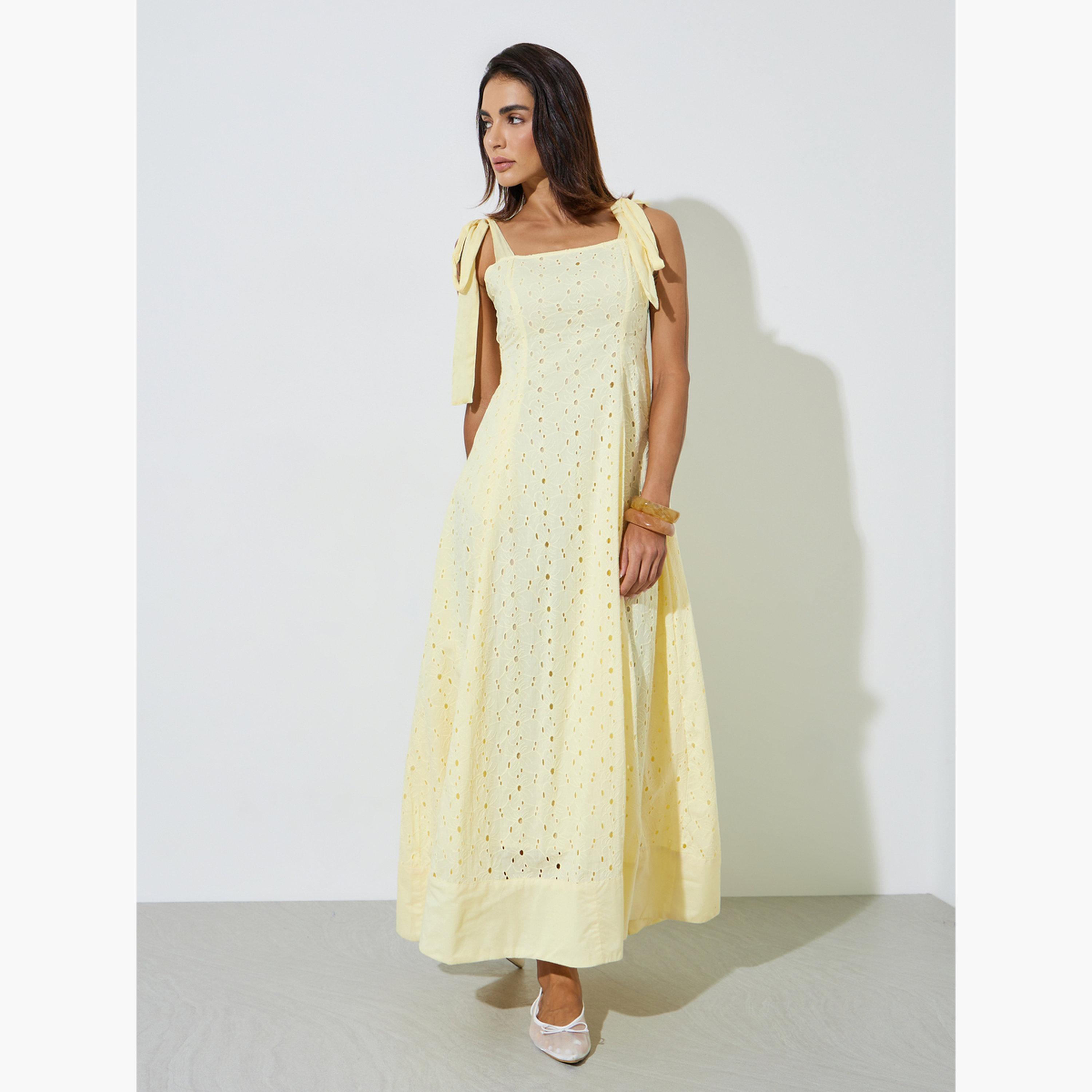 فستان طويل قطن بحافة واسعة وأربطة كتاف وتفاصيل شيلي-women-clothing-dresses-image-3