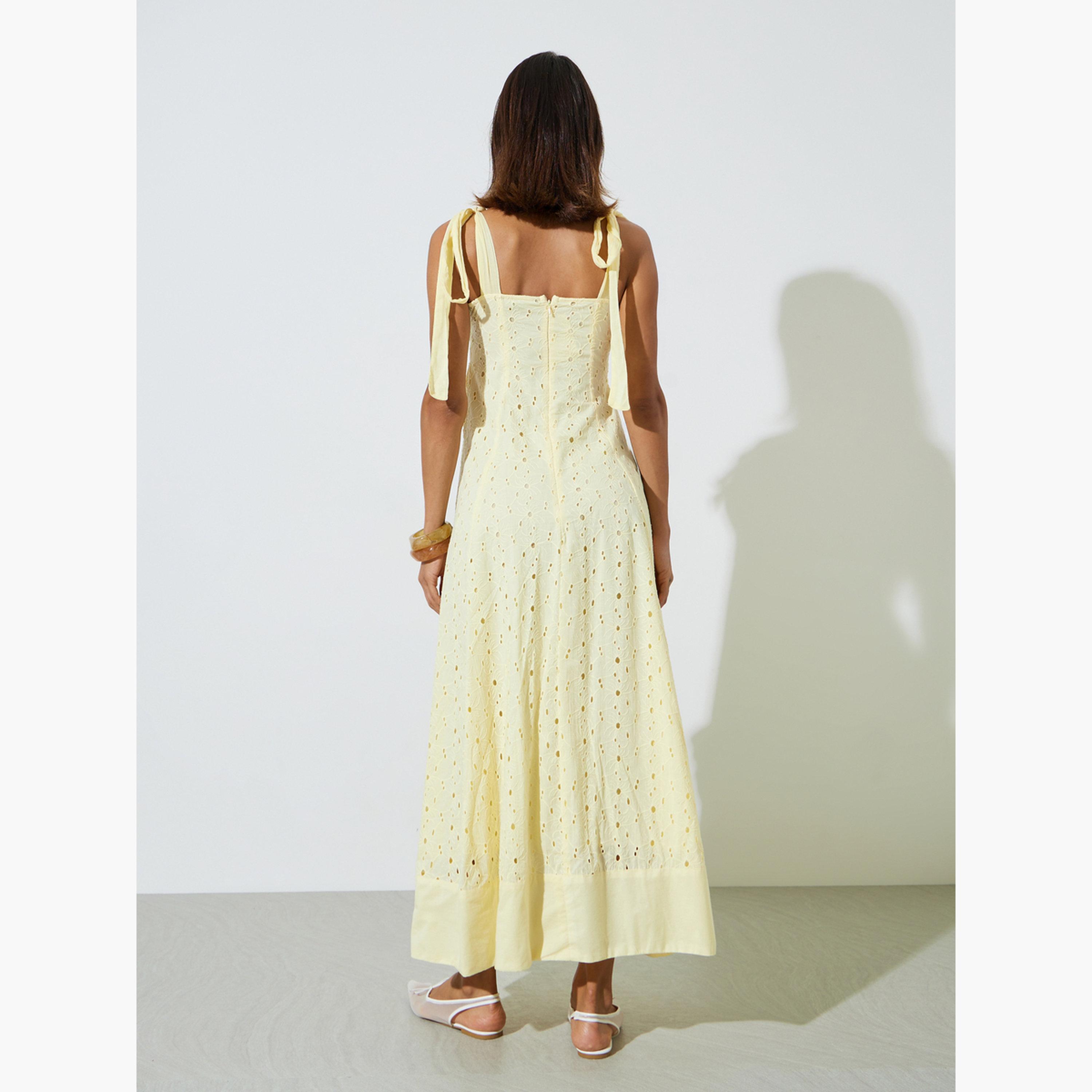 فستان طويل قطن بحافة واسعة وأربطة كتاف وتفاصيل شيلي-women-clothing-dresses-image-4
