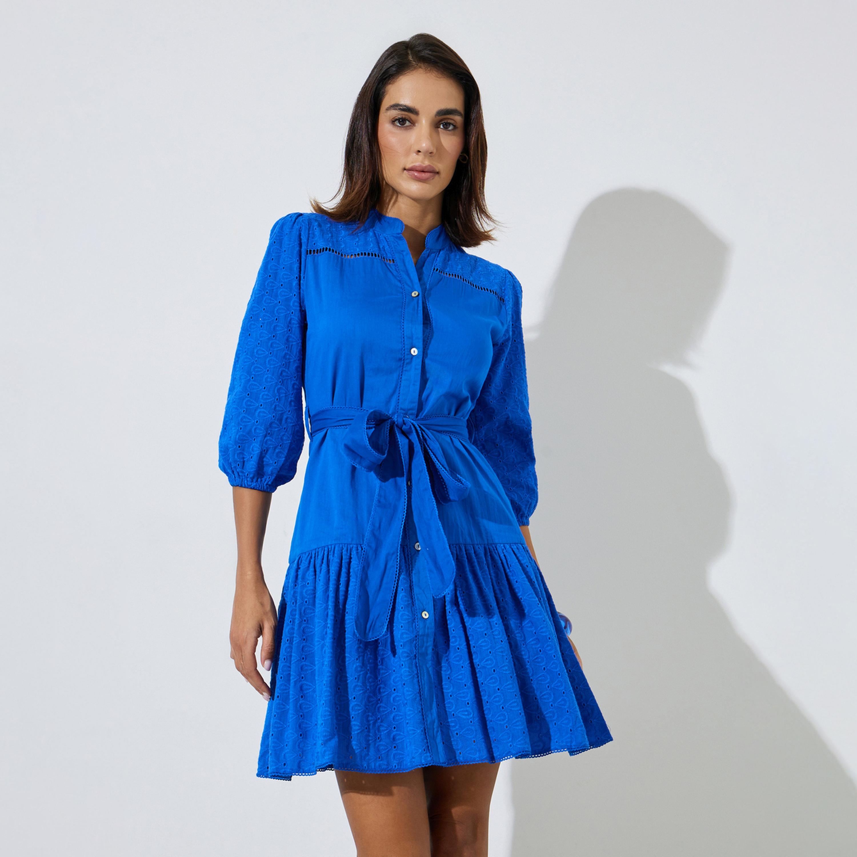 فستان قصير قطن بأكمام ثلاثة أرباع وتفاصيل شيلي-women-clothing-dresses-image-1