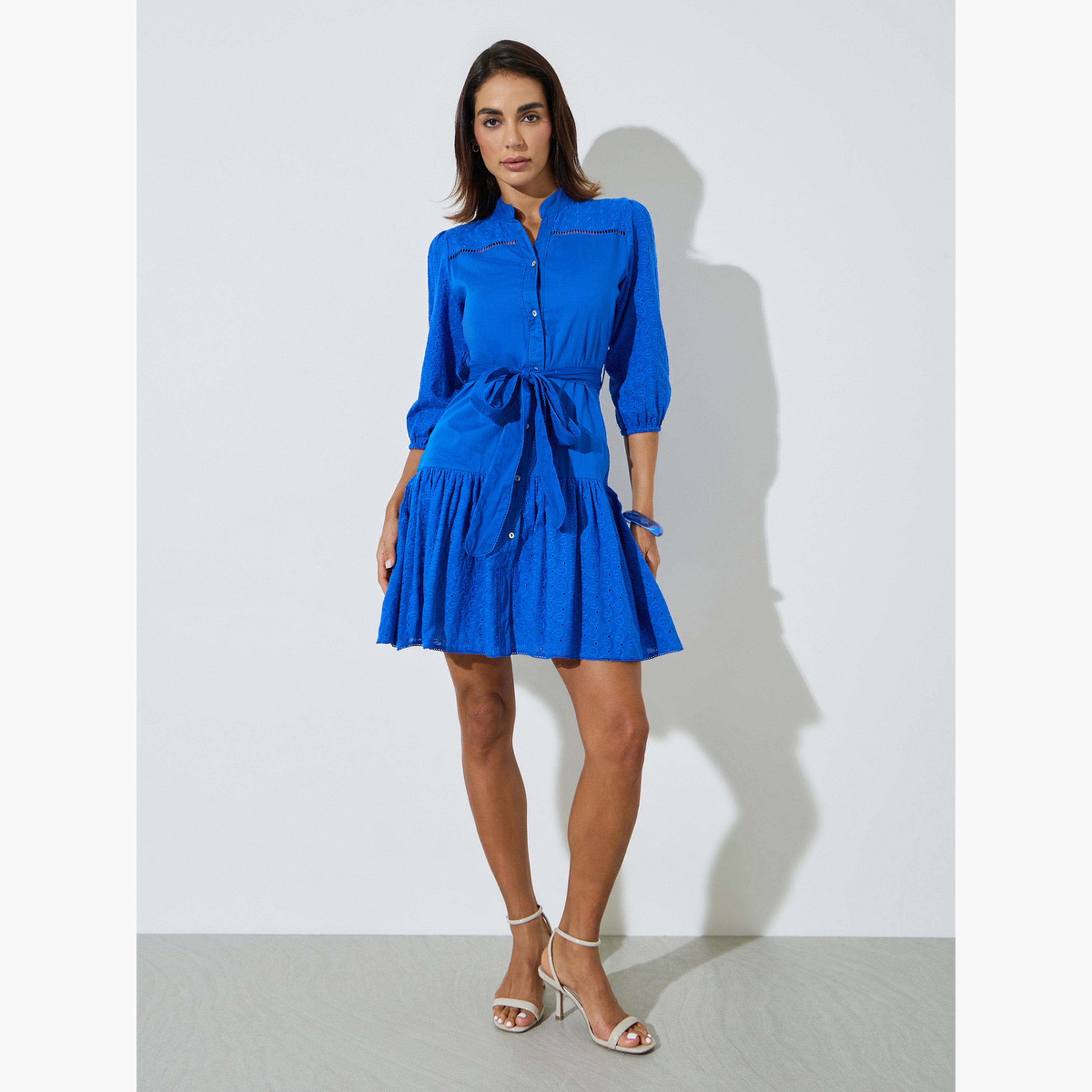 Styli Blue Cotton Schiffli 3/4 Sleeves Mini Dress-women-clothing-dresses-image-2