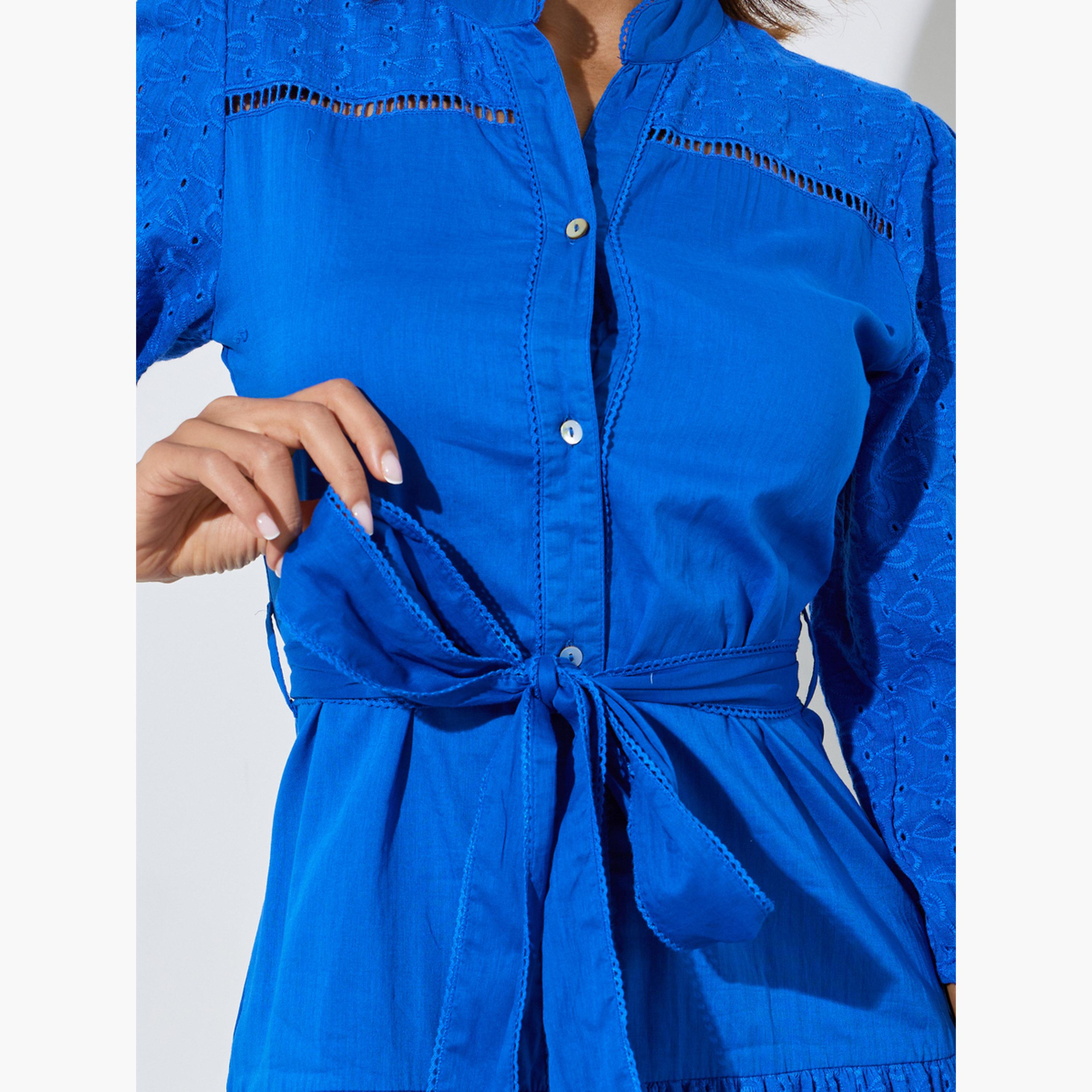 Styli Blue Cotton Schiffli 3/4 Sleeves Mini Dress-women-clothing-dresses-image-5