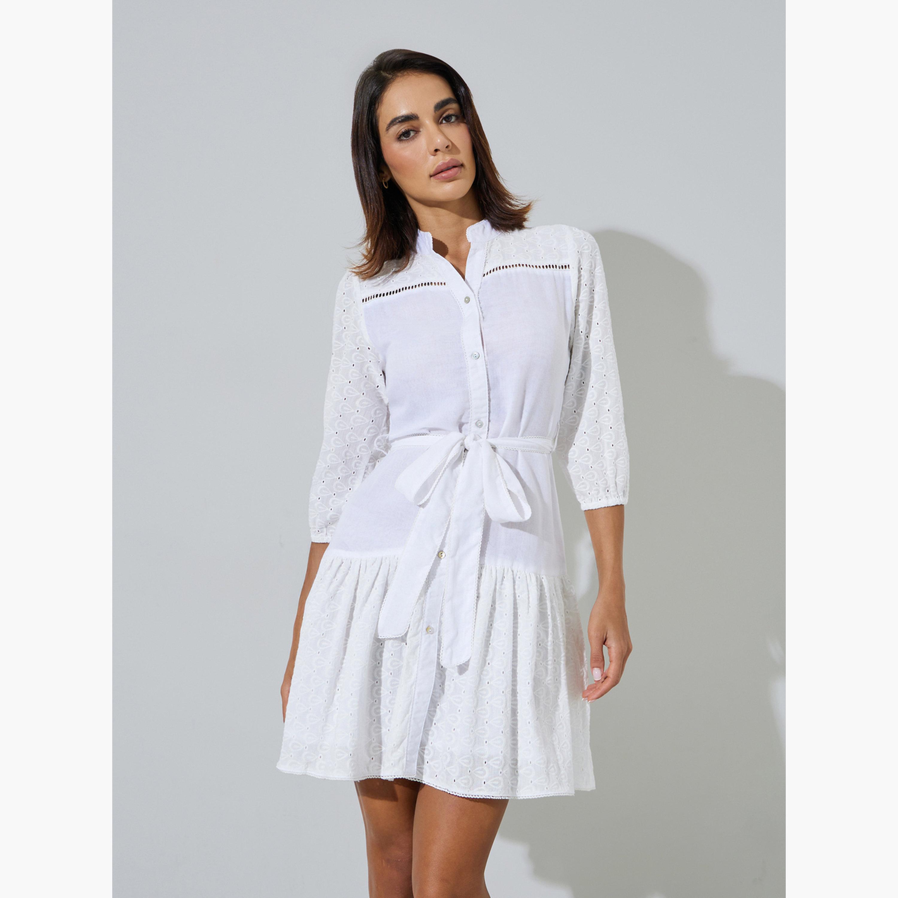 Styli Off White Cotton Schiffli 3/4 Sleeves Mini Dress-women-clothing-dresses-image-1