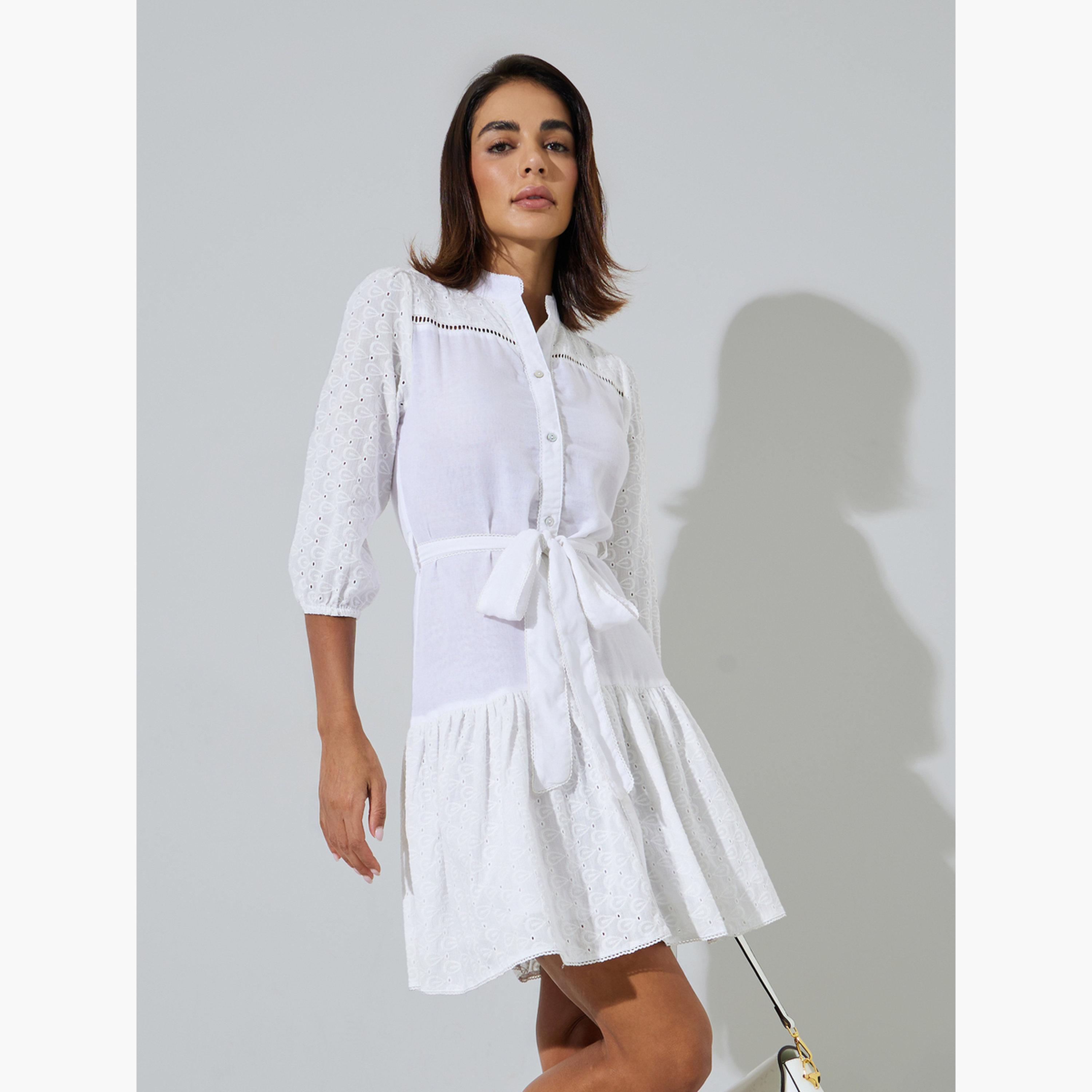 Styli Off White Cotton Schiffli 3/4 Sleeves Mini Dress-women-clothing-dresses-image-3