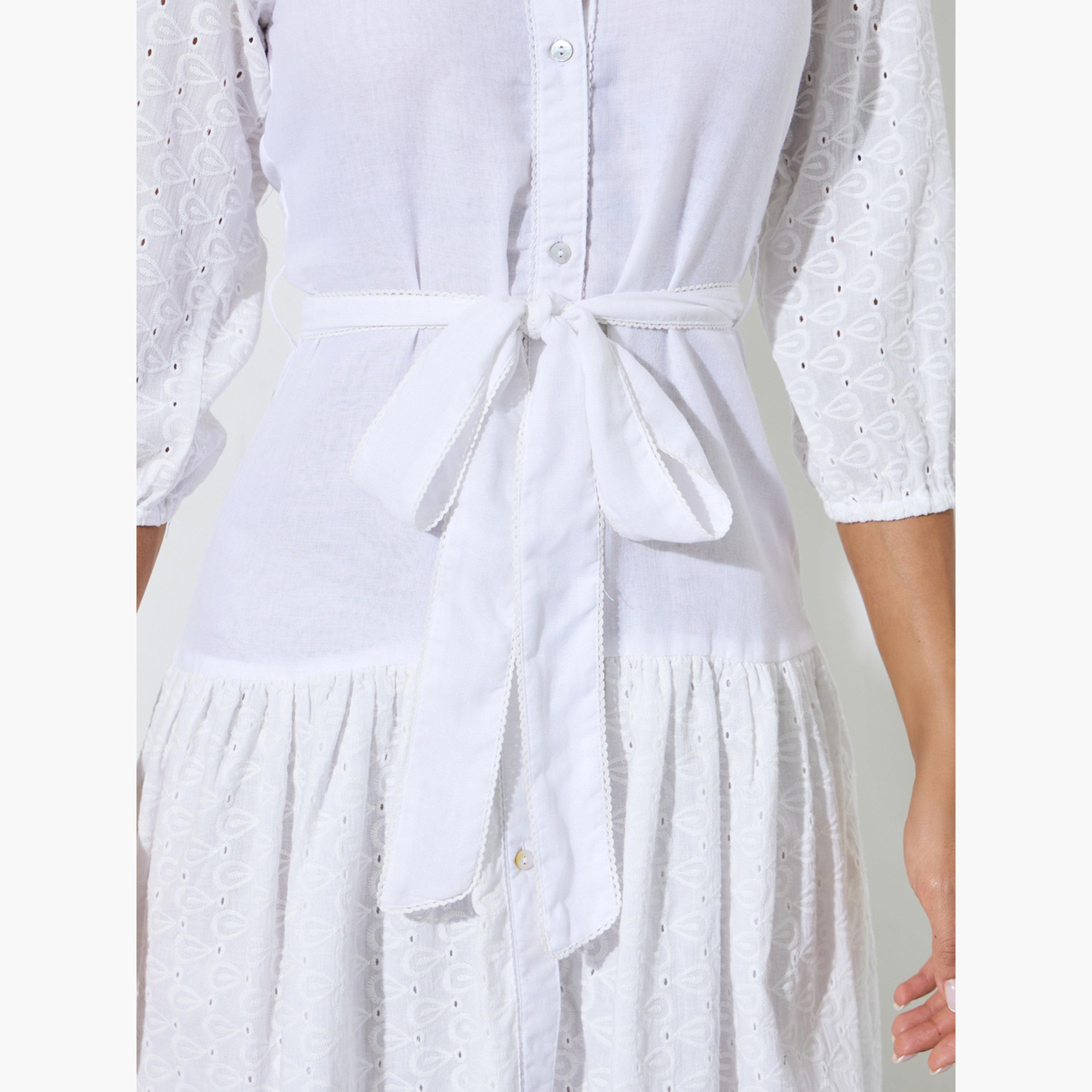 Styli Off White Cotton Schiffli 3/4 Sleeves Mini Dress-women-clothing-dresses-image-5