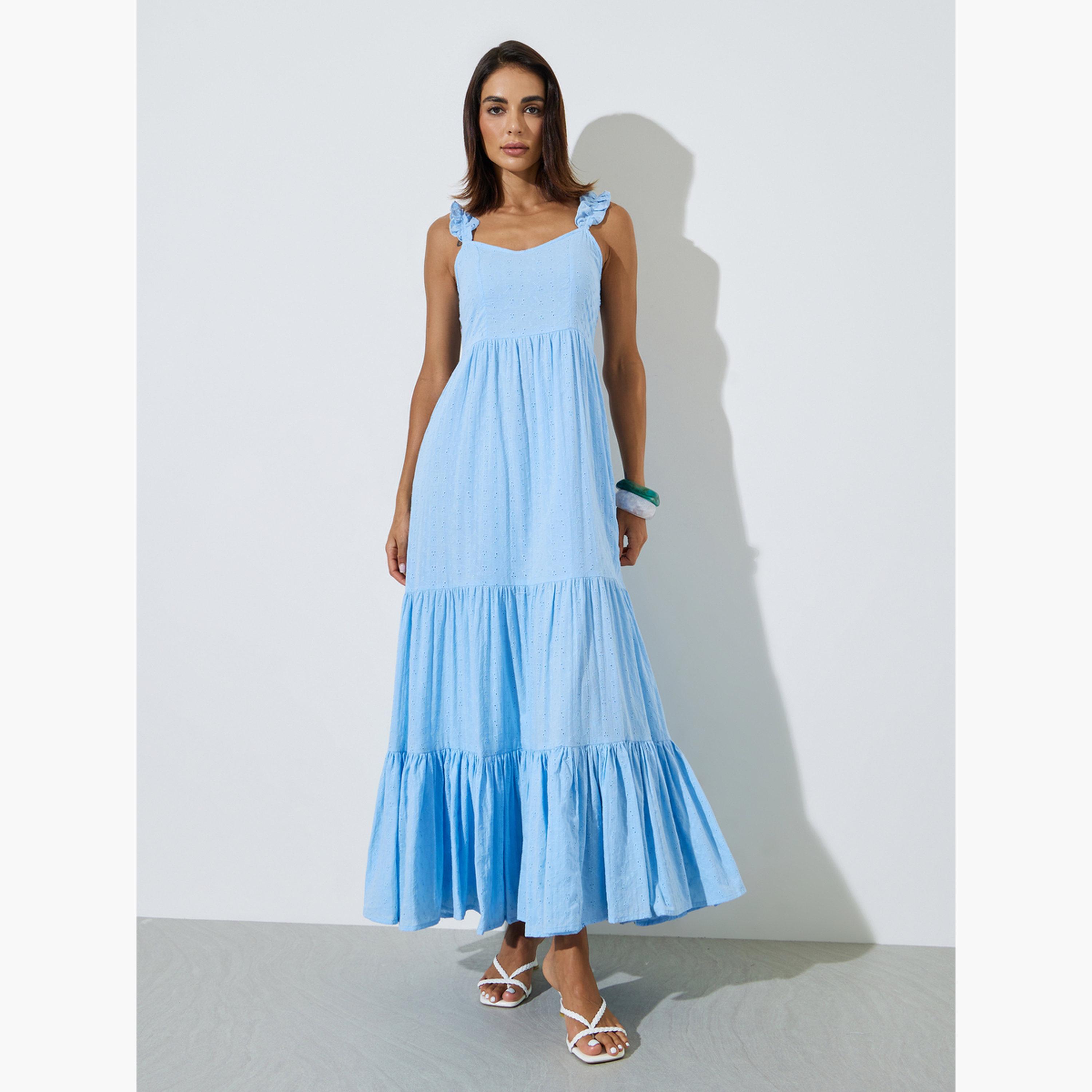 Styli Blue Ruffle Strap Schiffli Tiered Maxi Dress-women-clothing-dresses-image-1
