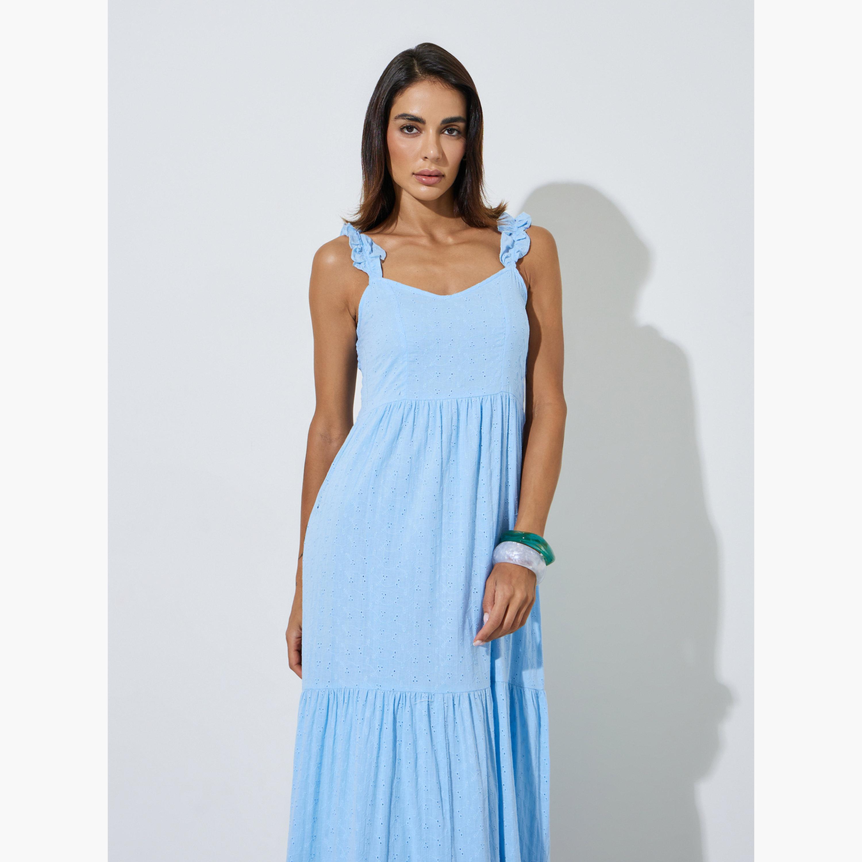 Styli Blue Ruffle Strap Schiffli Tiered Maxi Dress-women-clothing-dresses-image-2