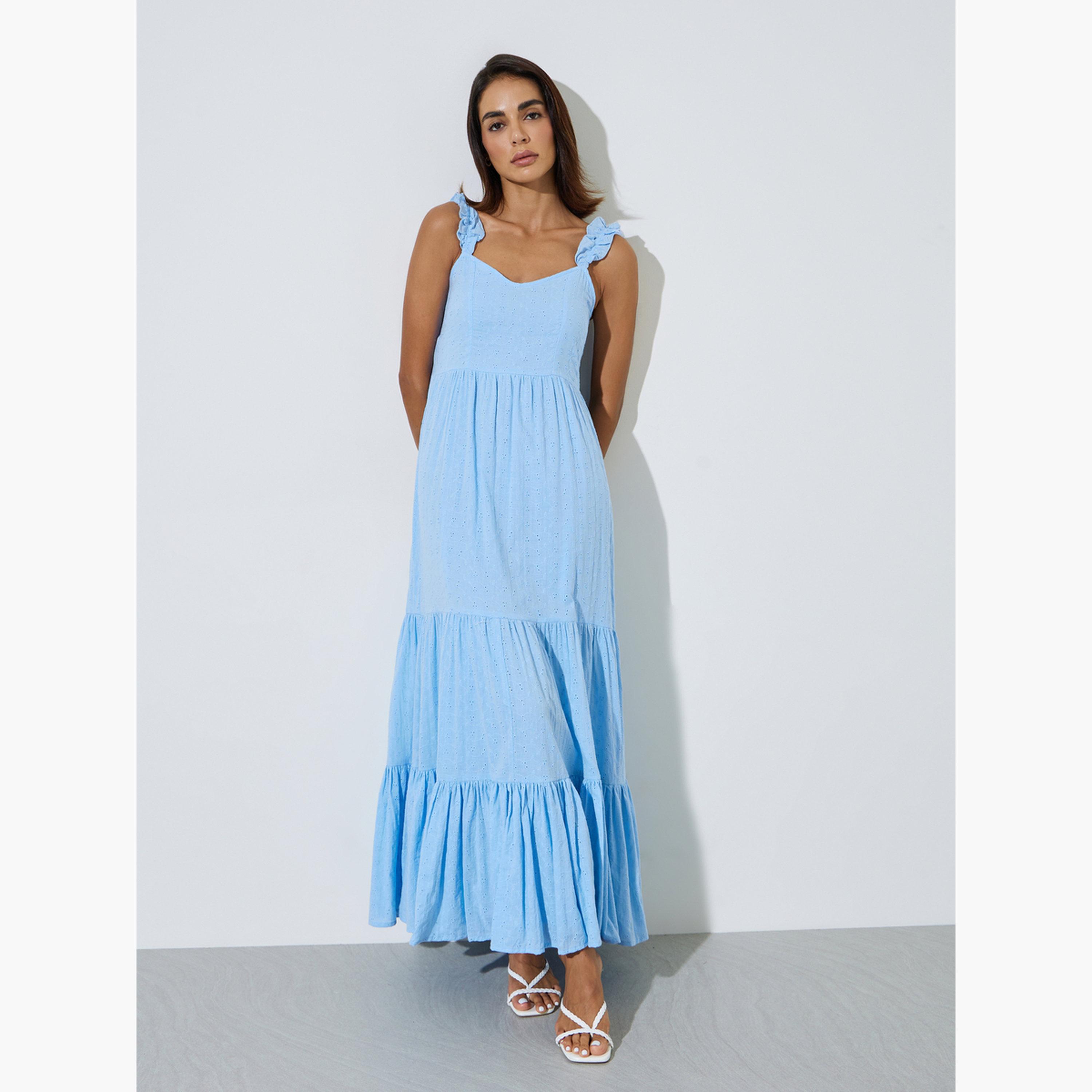 Styli Blue Ruffle Strap Schiffli Tiered Maxi Dress-women-clothing-dresses-image-3