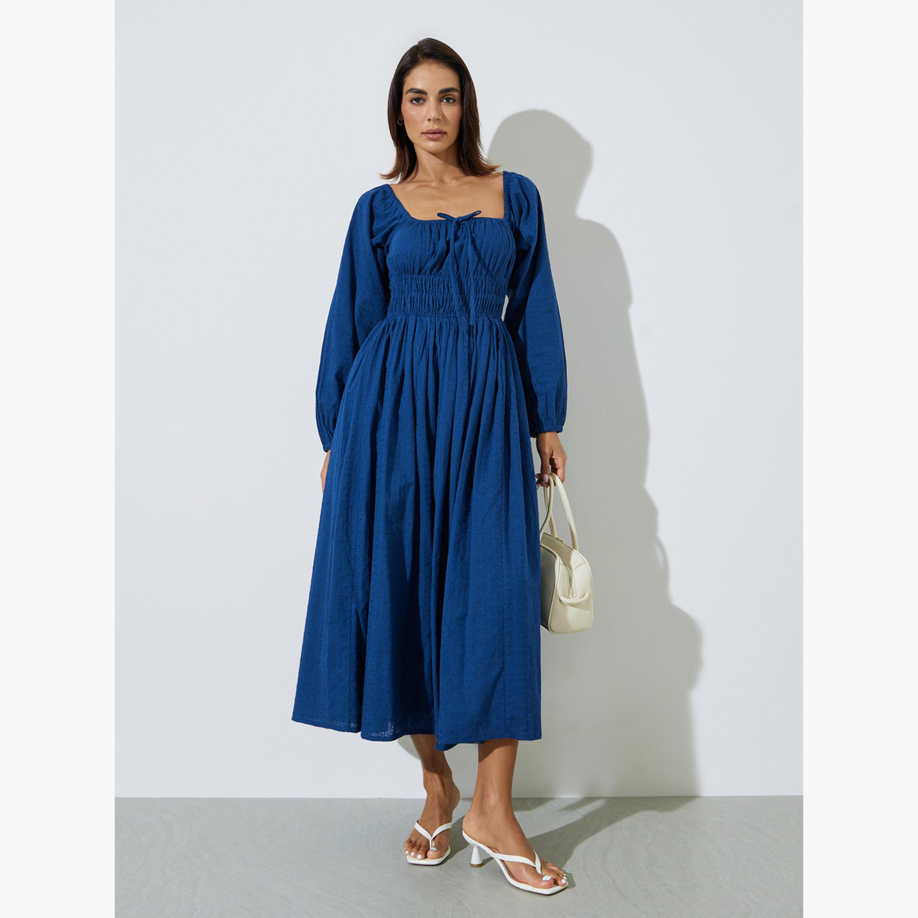Styli Blue Cotton Embroidered Smocked Midi Dress-women-clothing-dresses-image-1