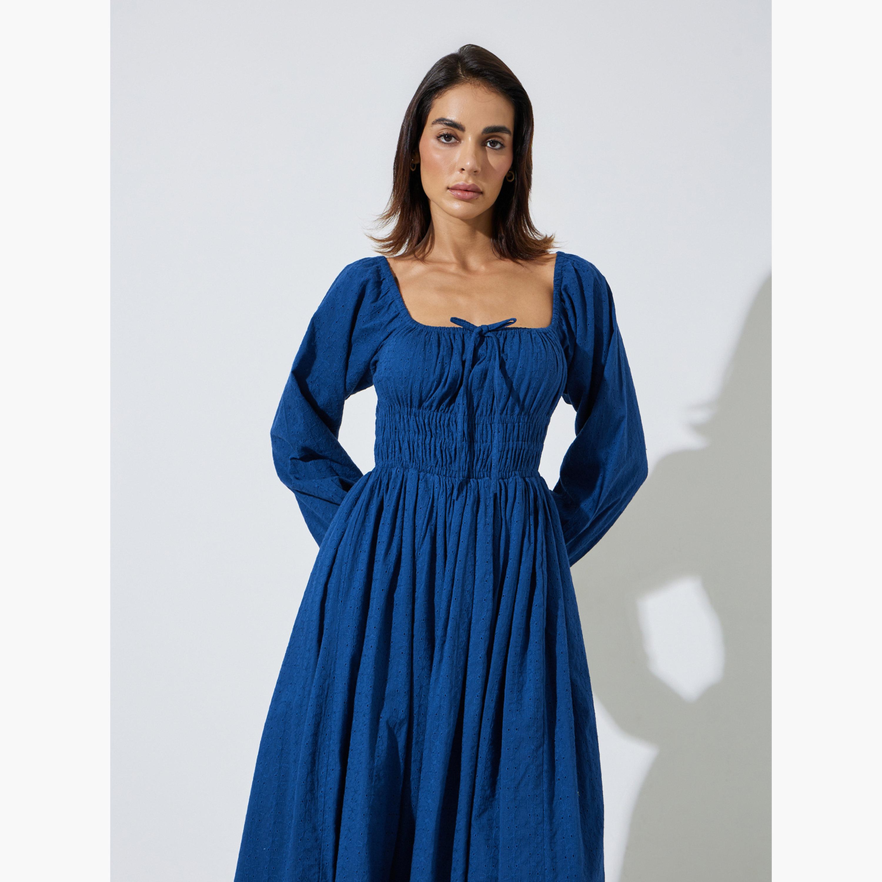Styli Blue Cotton Embroidered Smocked Midi Dress-women-clothing-dresses-image-2