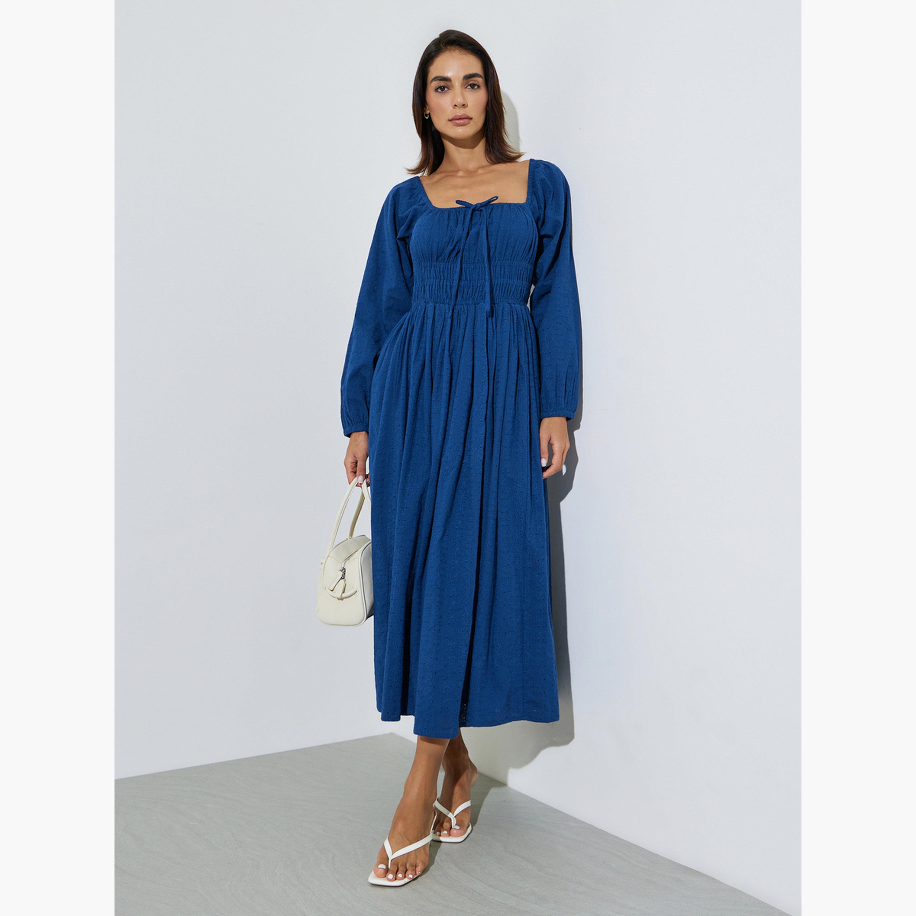 Styli Blue Cotton Embroidered Smocked Midi Dress-women-clothing-dresses-image-3