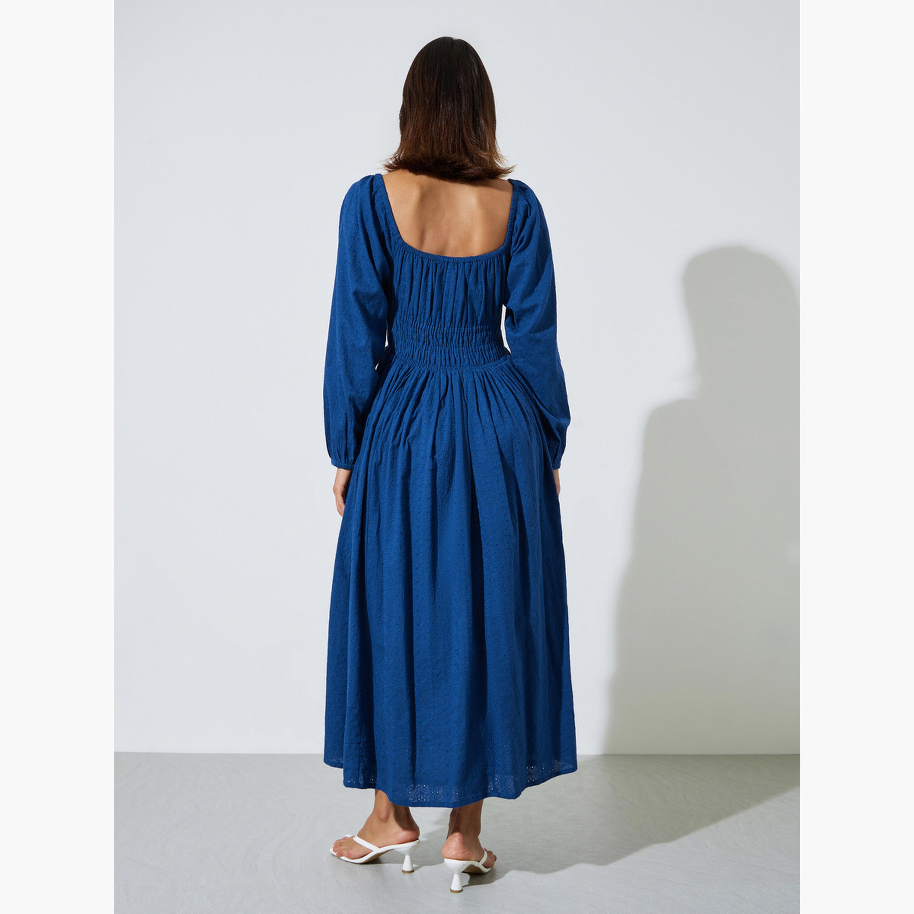 Styli Blue Cotton Embroidered Smocked Midi Dress-women-clothing-dresses-image-4