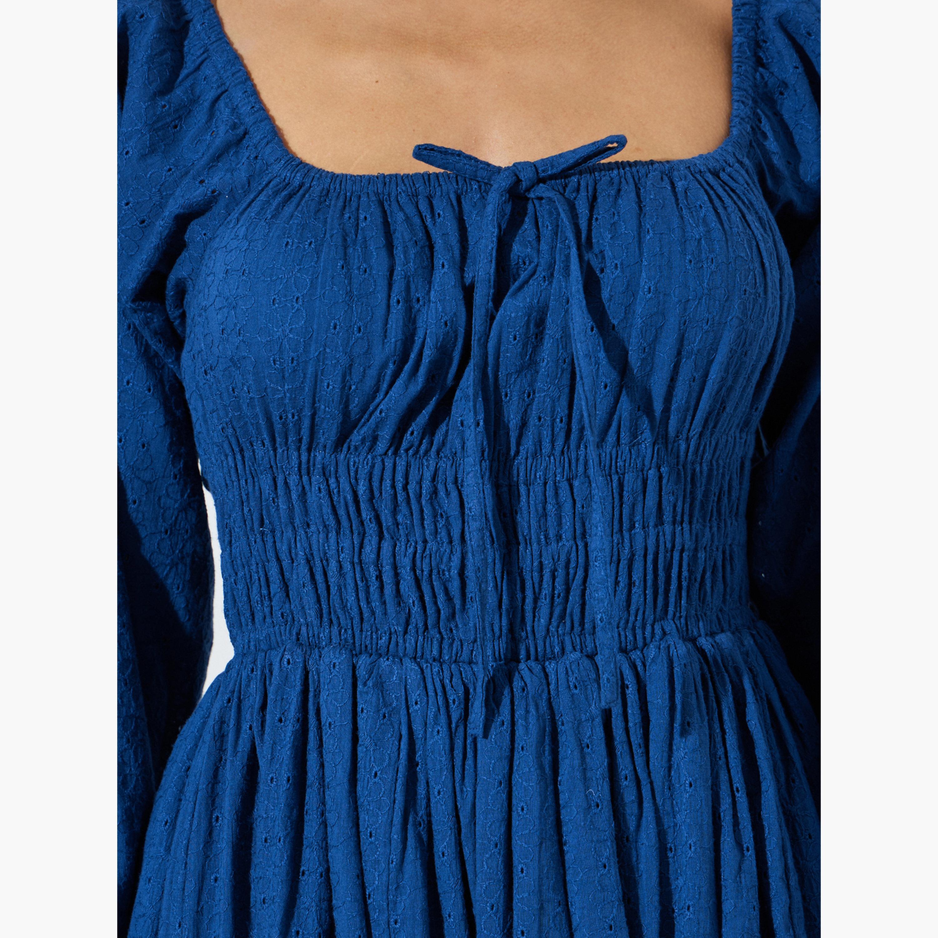 Styli Blue Cotton Embroidered Smocked Midi Dress-women-clothing-dresses-image-5