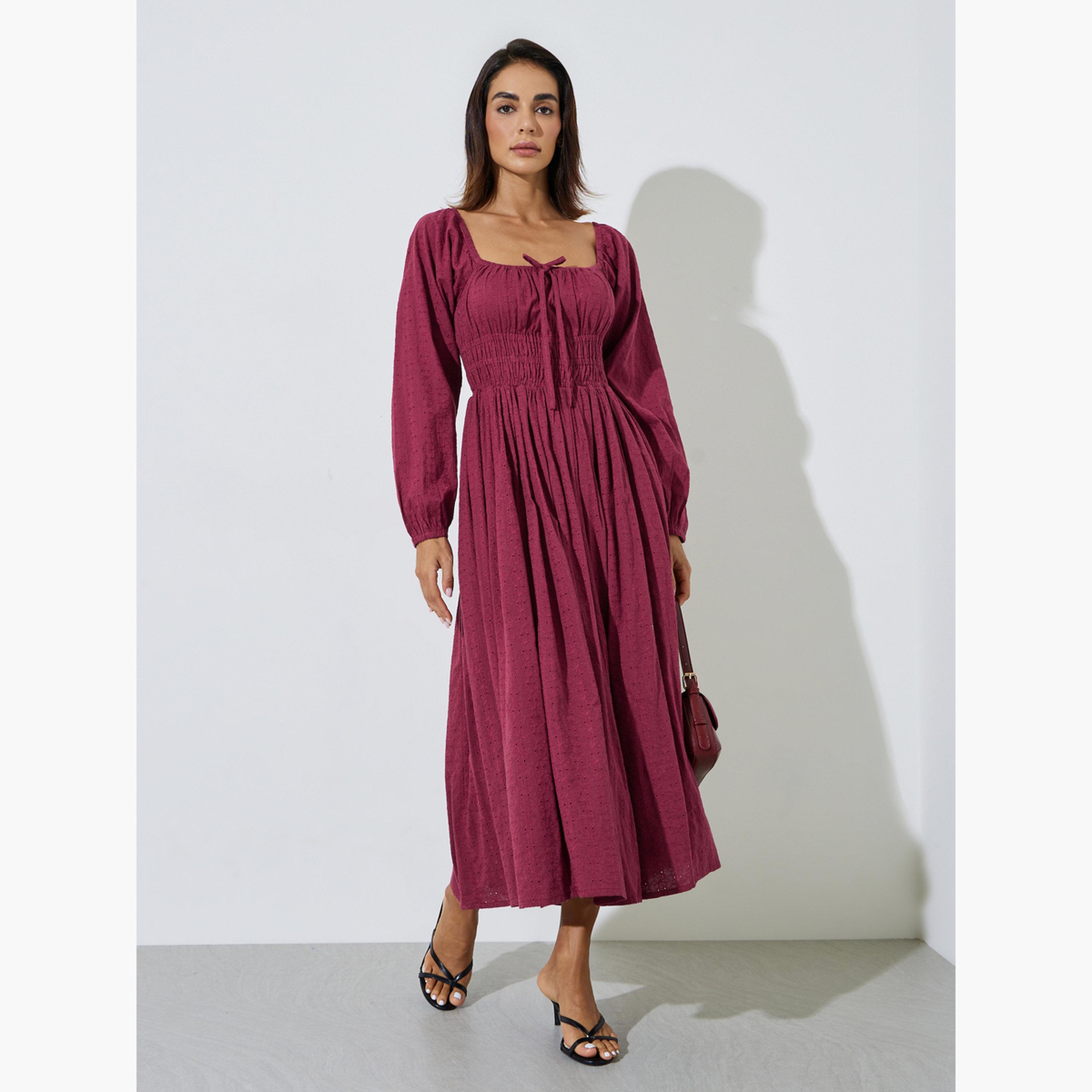Styli Burgundy Cotton Embroidered Smocked Midi Dress-women-clothing-dresses-image-3
