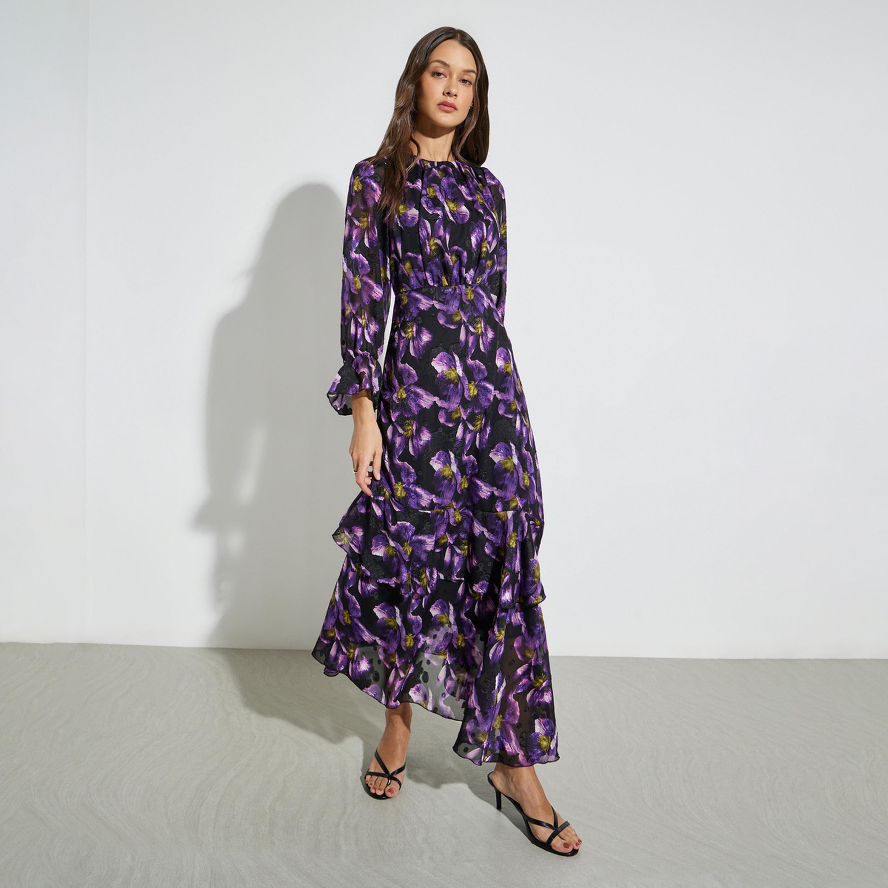 فستان طويل بأكمام طويلة ونقشة زهور أرجواني-women-clothing-dresses-image-1