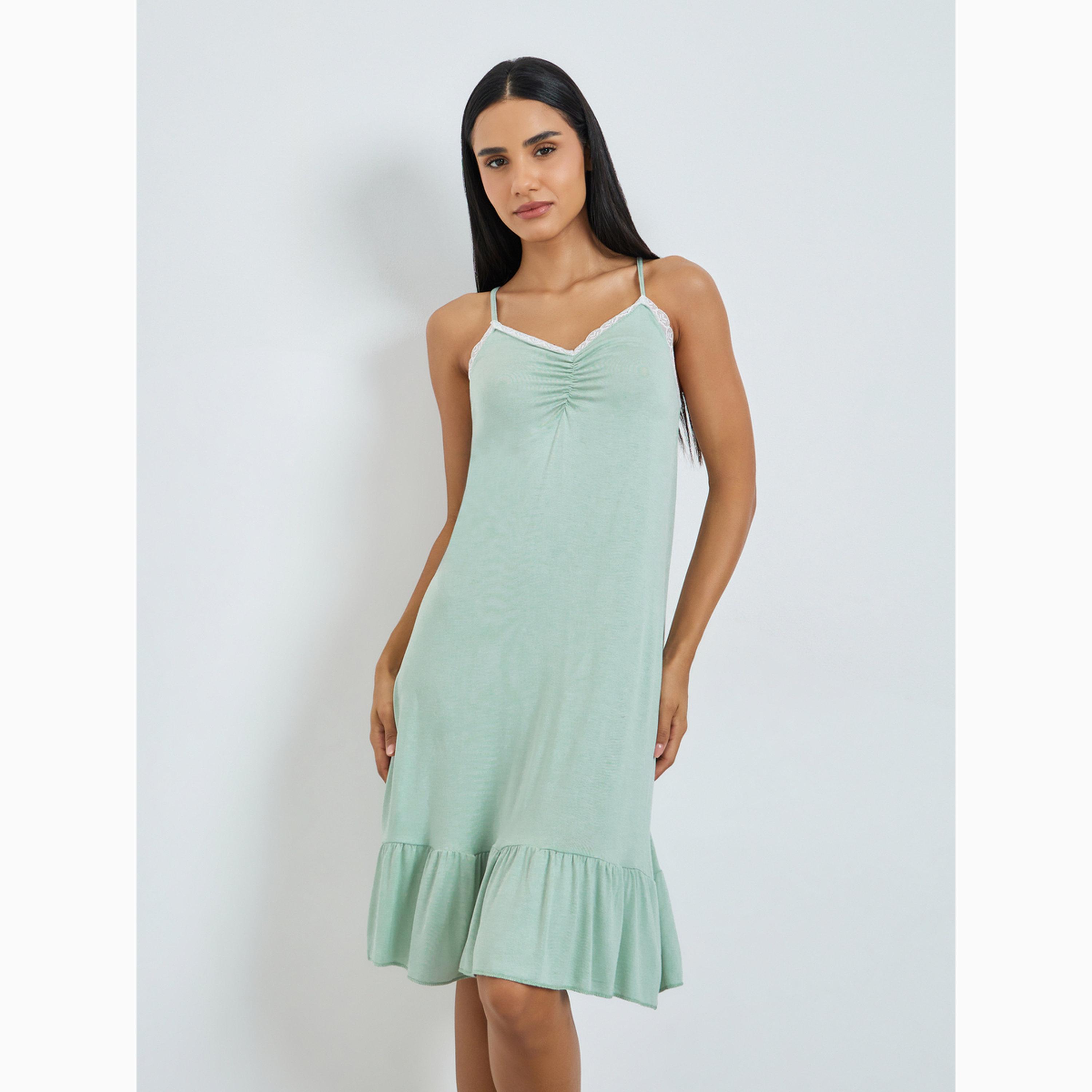 Styli Green Contrast Lace Trim Ruffle Hem Slip Dress-women-clothing-nightwear-nighties-image-1