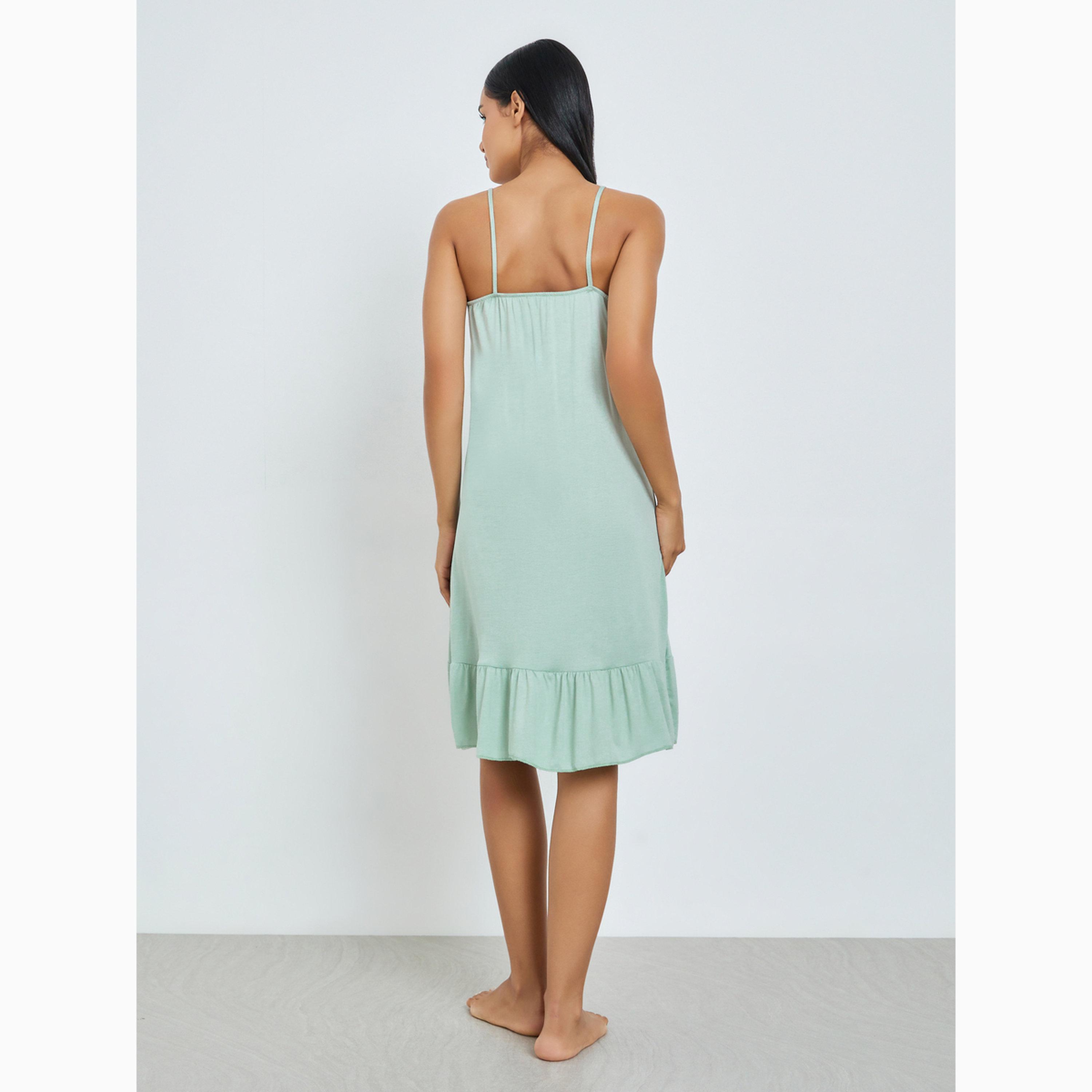 Styli Green Contrast Lace Trim Ruffle Hem Slip Dress-women-clothing-nightwear-nighties-image-4