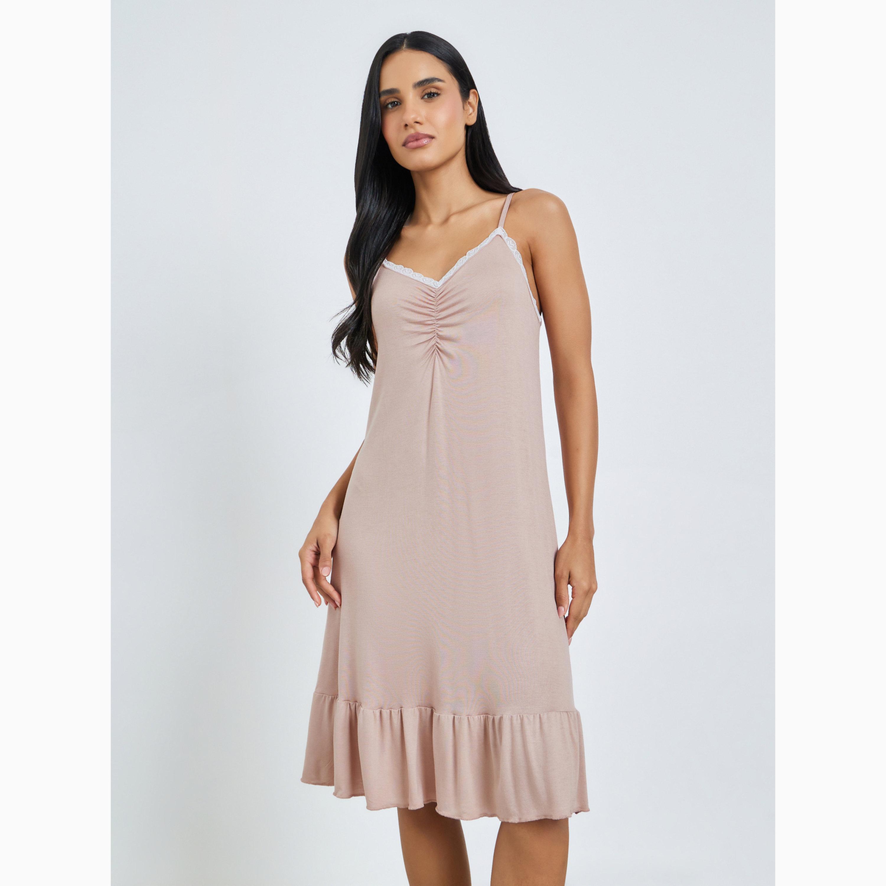 فستان نوم قصير بحافة كشكش وتفاصيل دانتيل-women-clothing-nightwear-nighties-image-1